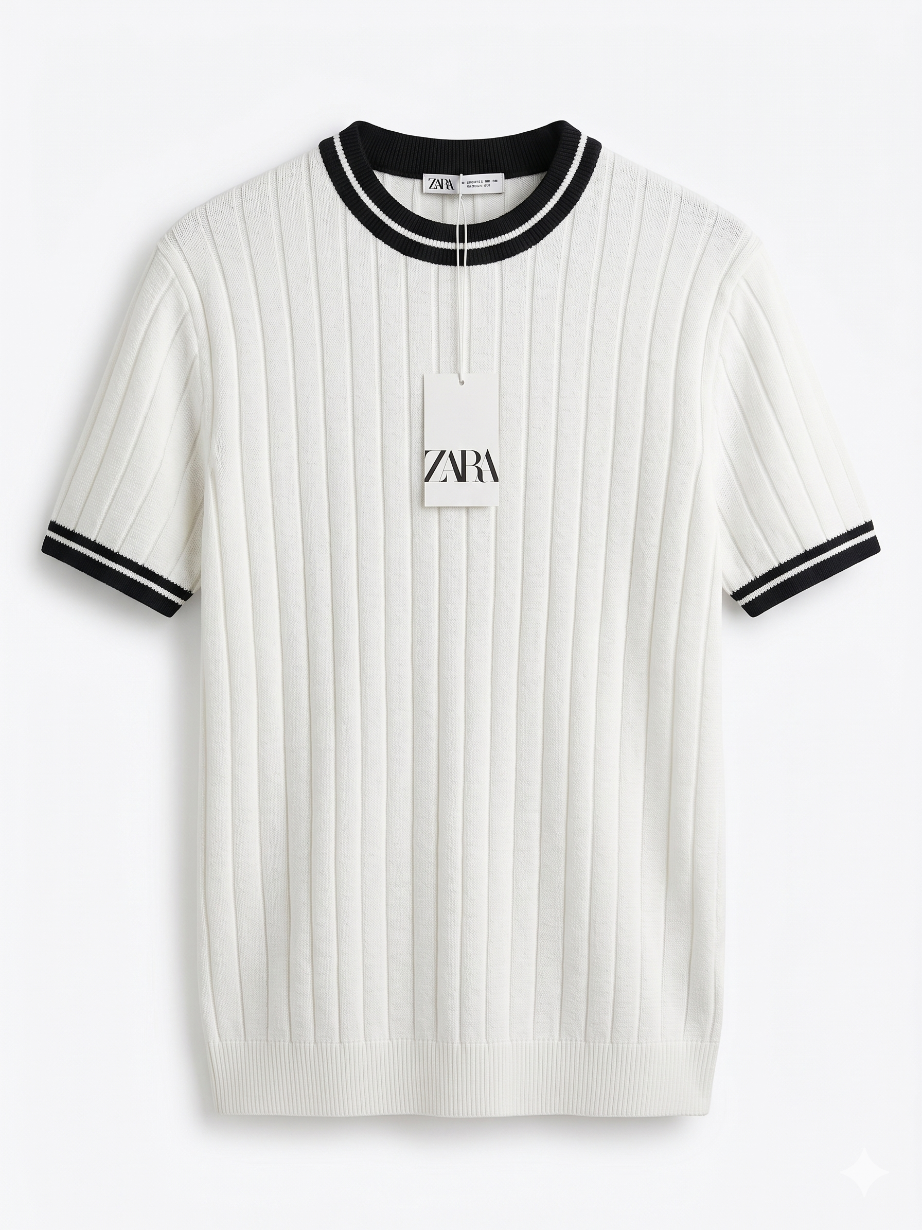 ZARA Ribbed Knit T-Shirt – White with Contrast Trim