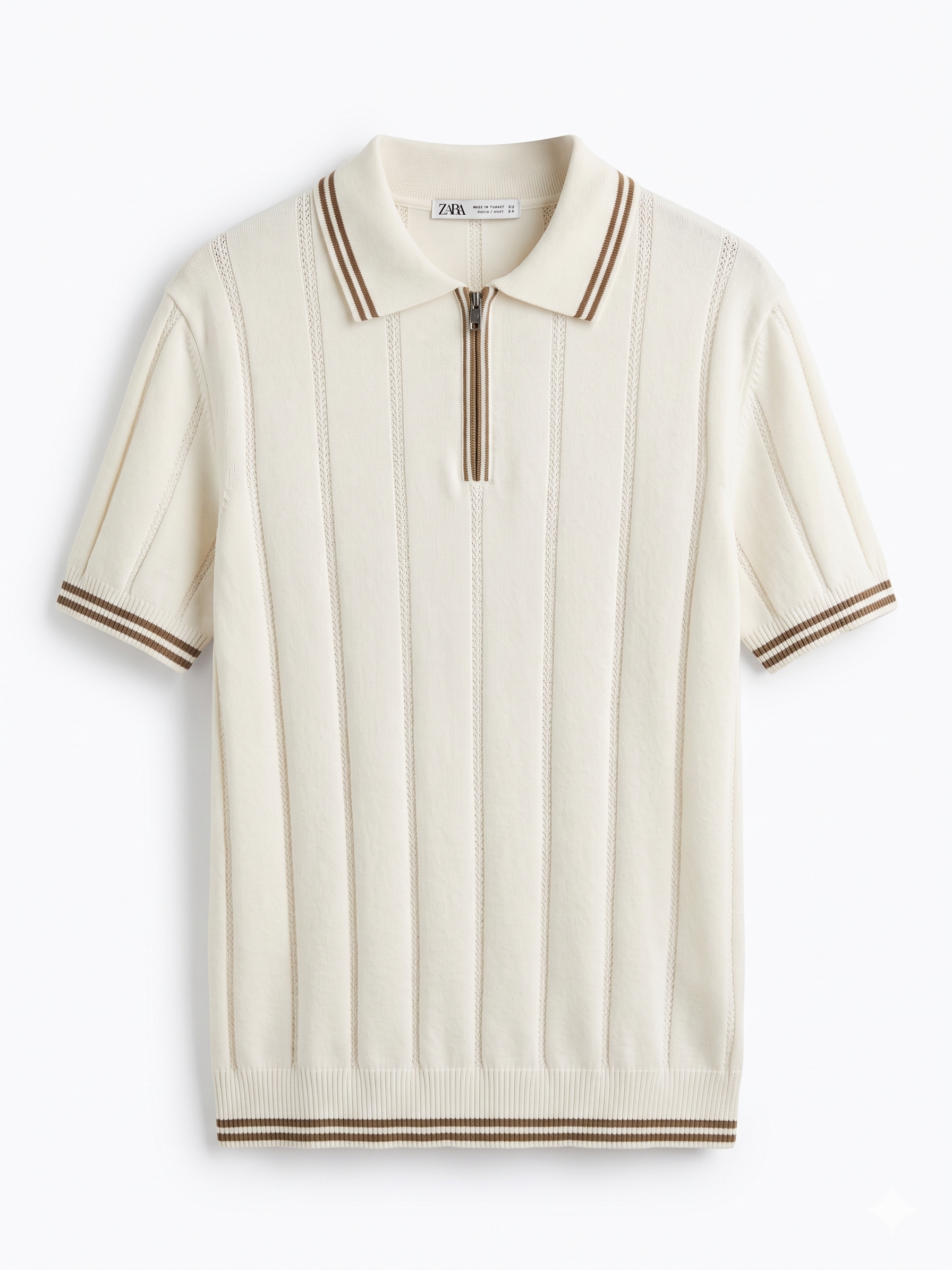 ZARA Textured Zip-Neck Polo Shirt with Contrast Trim – White