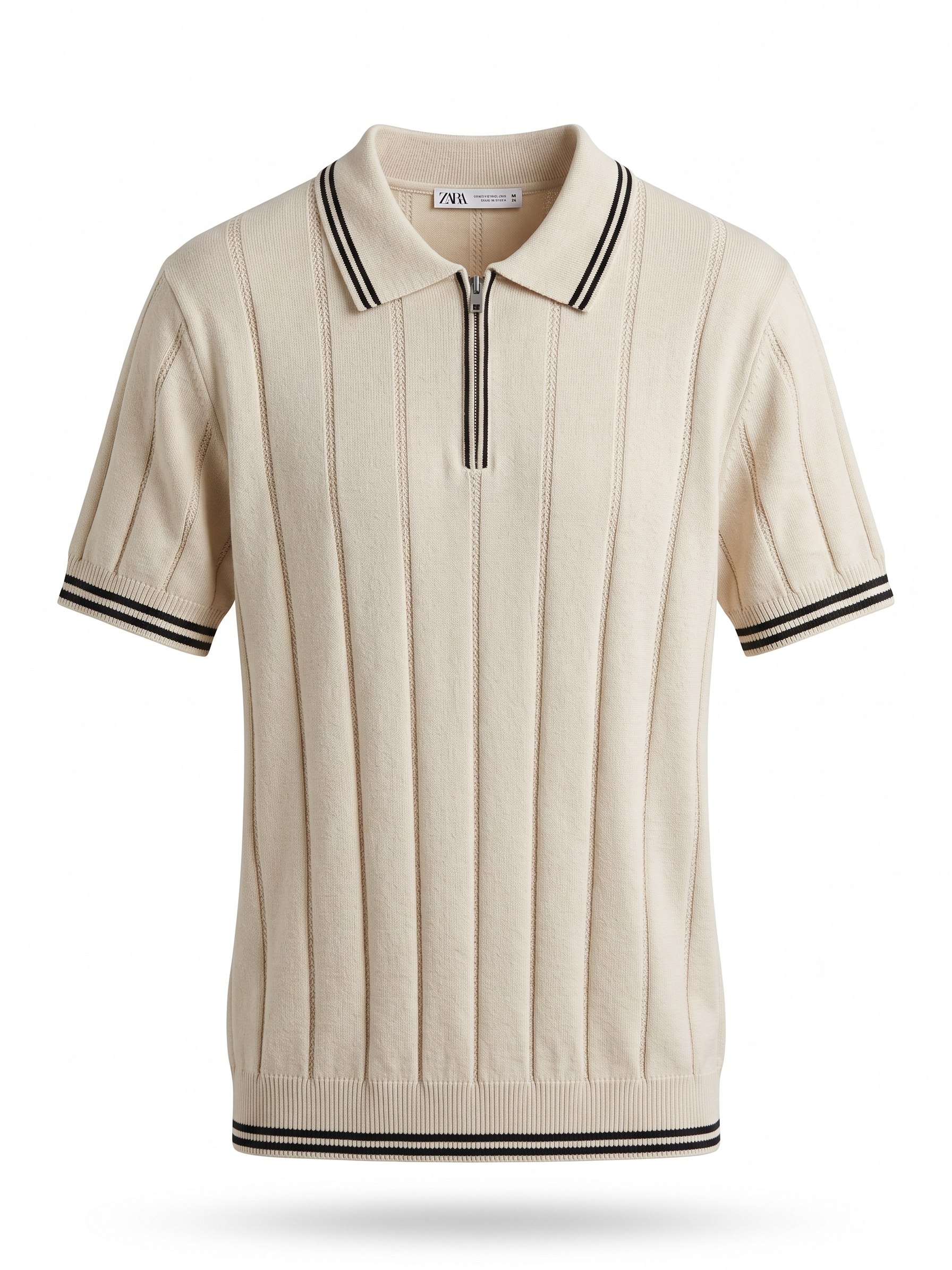 ZARA Textured Zip-Neck Polo Shirt with Contrast Stripes – Beige