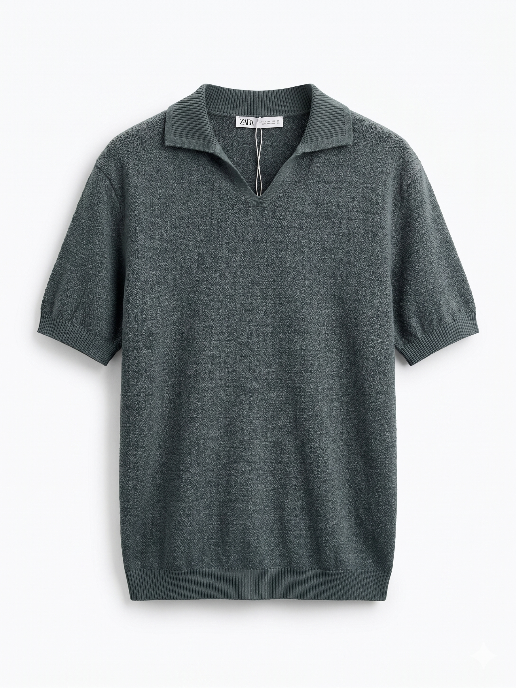 ZARA Textured Knit Polo Shirt – Steel Green