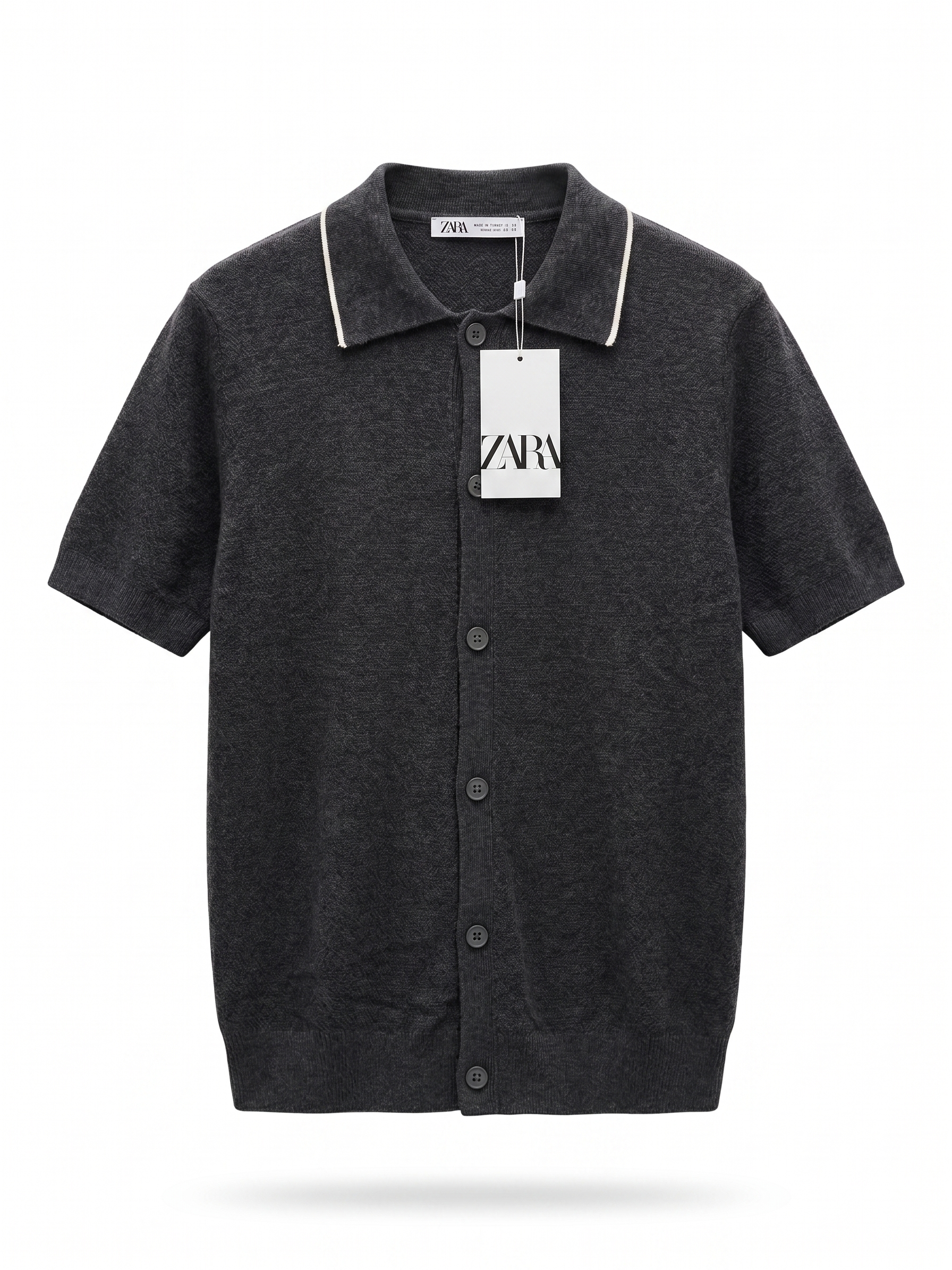 ZARA Button-Up Knit Polo Shirt with Contrast Collar – Charcoal