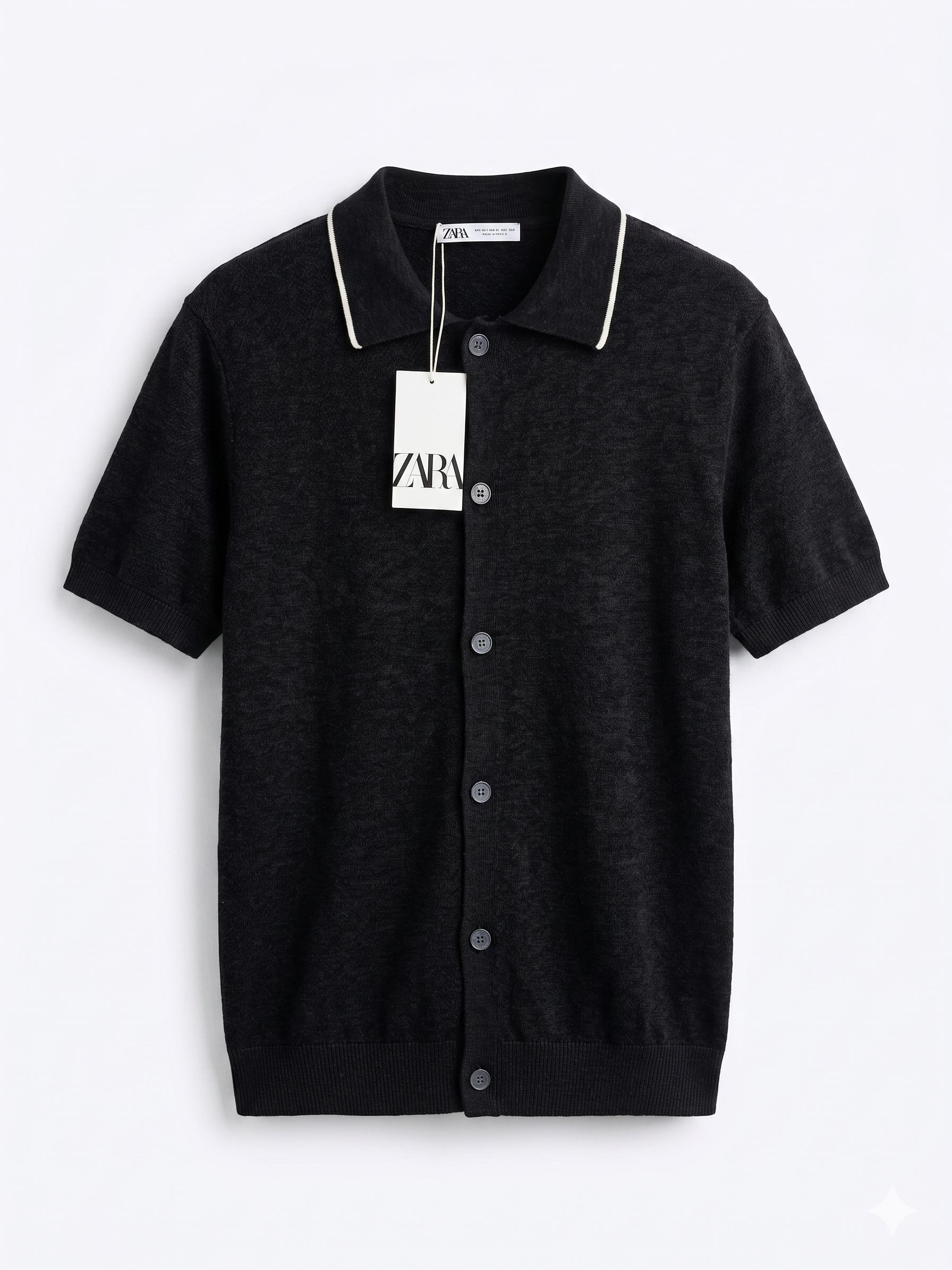 ZARA Button-Up Knit Polo Shirt with Contrast Collar – Black