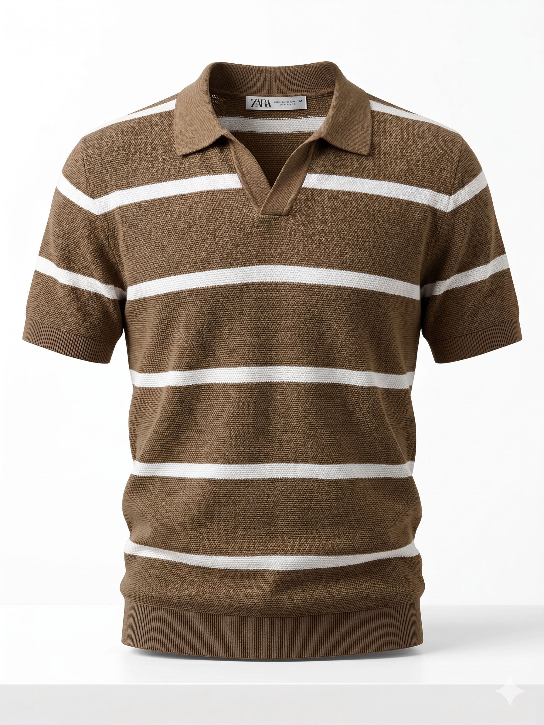 ZARA Textured Striped Polo Shirt – Brown & White