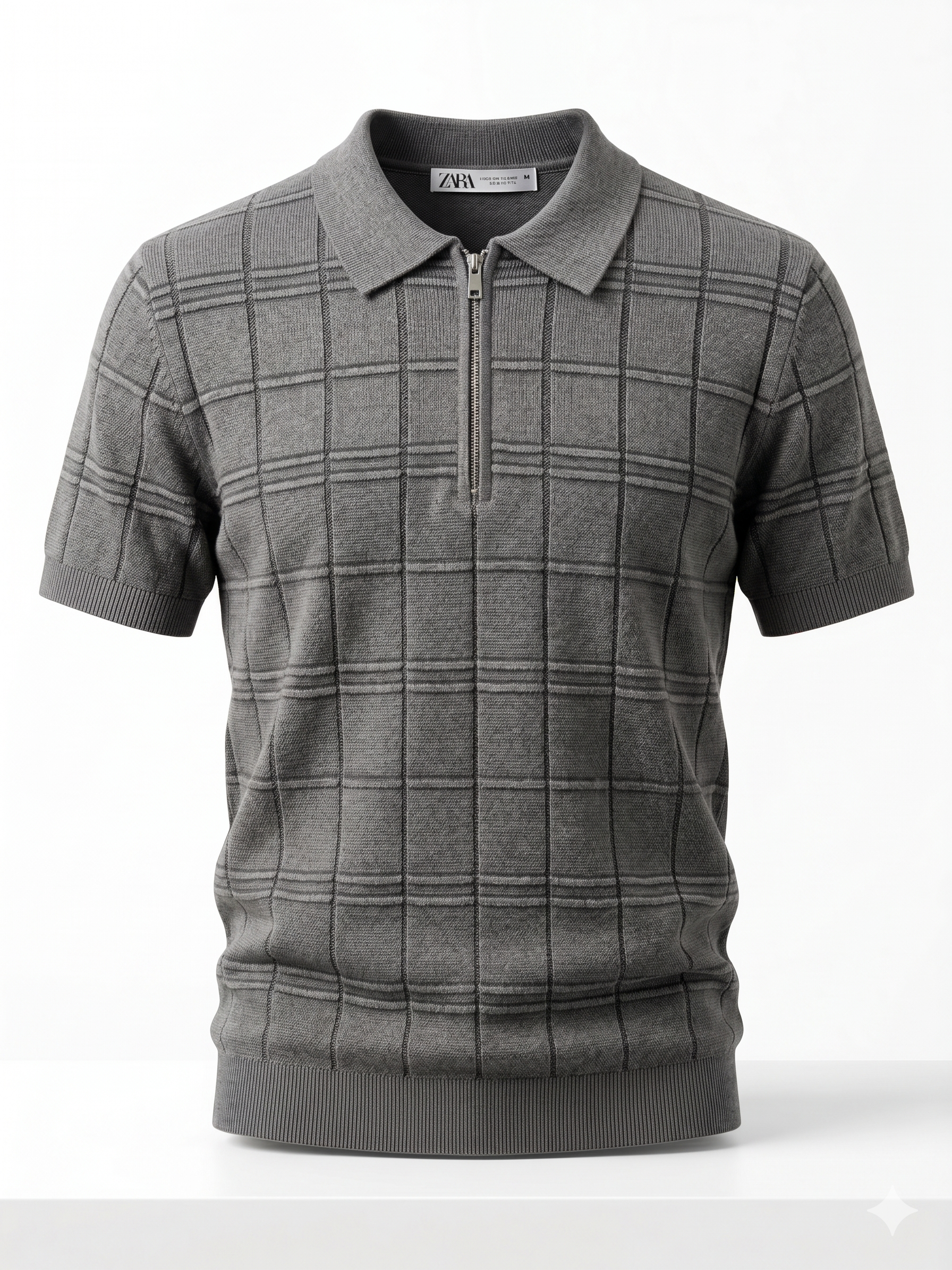 ZARA Textured Check Zip Polo Shirt – Grey