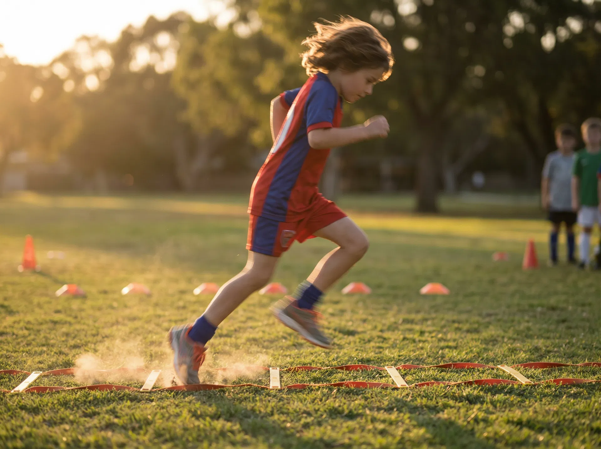 Child sprinting through agility ladder