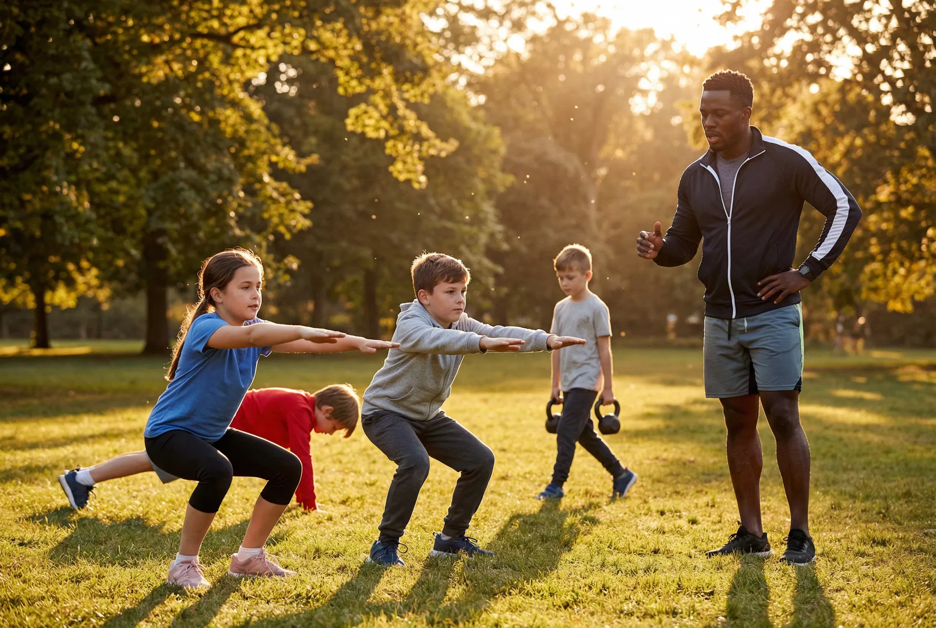 Kids performing strength exercises
