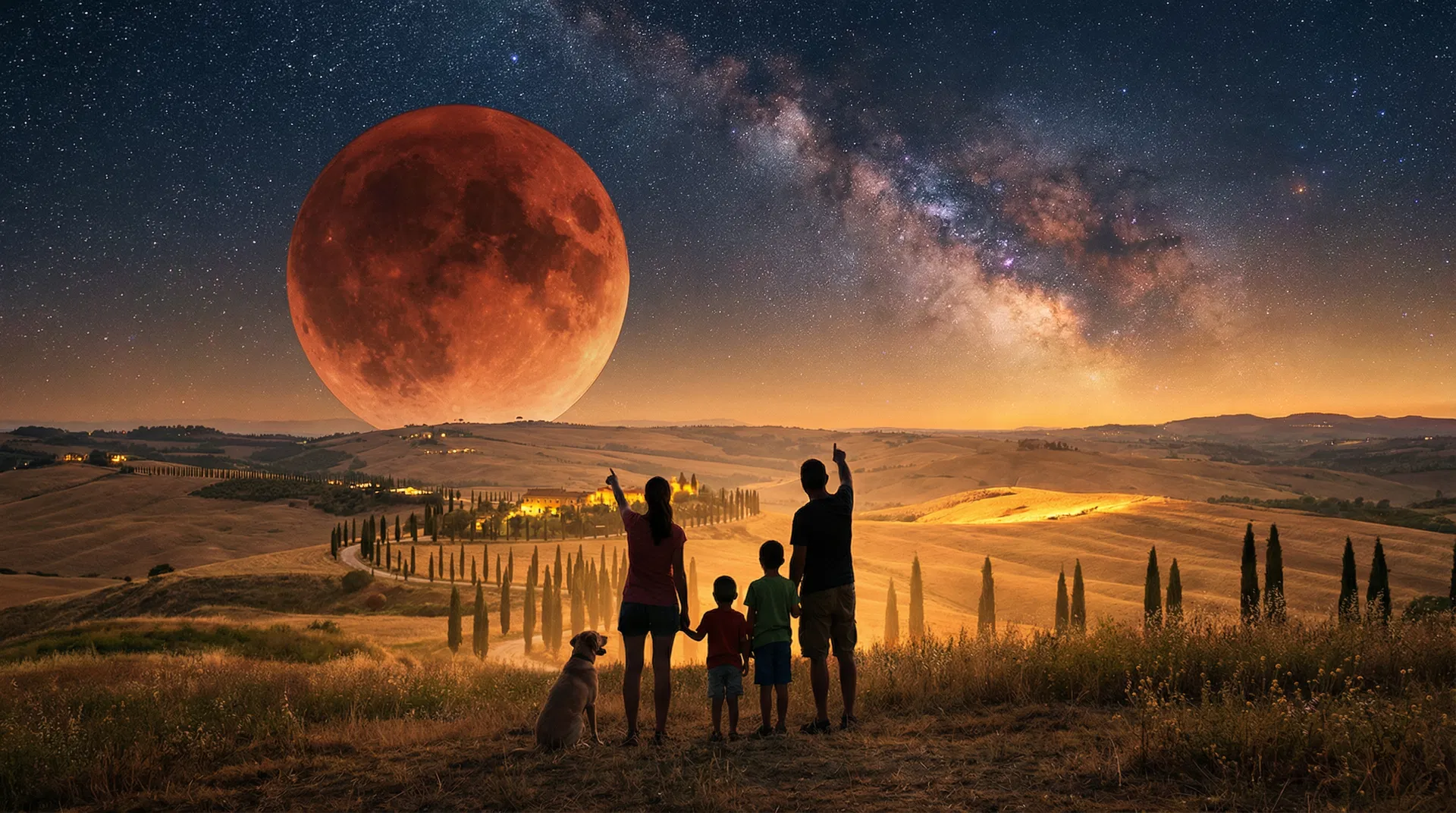 Una famiglia con il cane osserva la Luna di Sangue dalla campagna toscana
