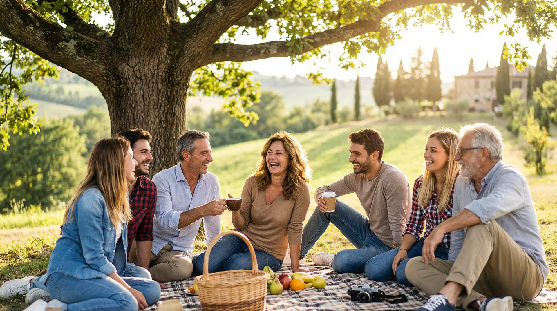 Un gruppo di amici che ridono insieme in un parco soleggiato in campagna italiana