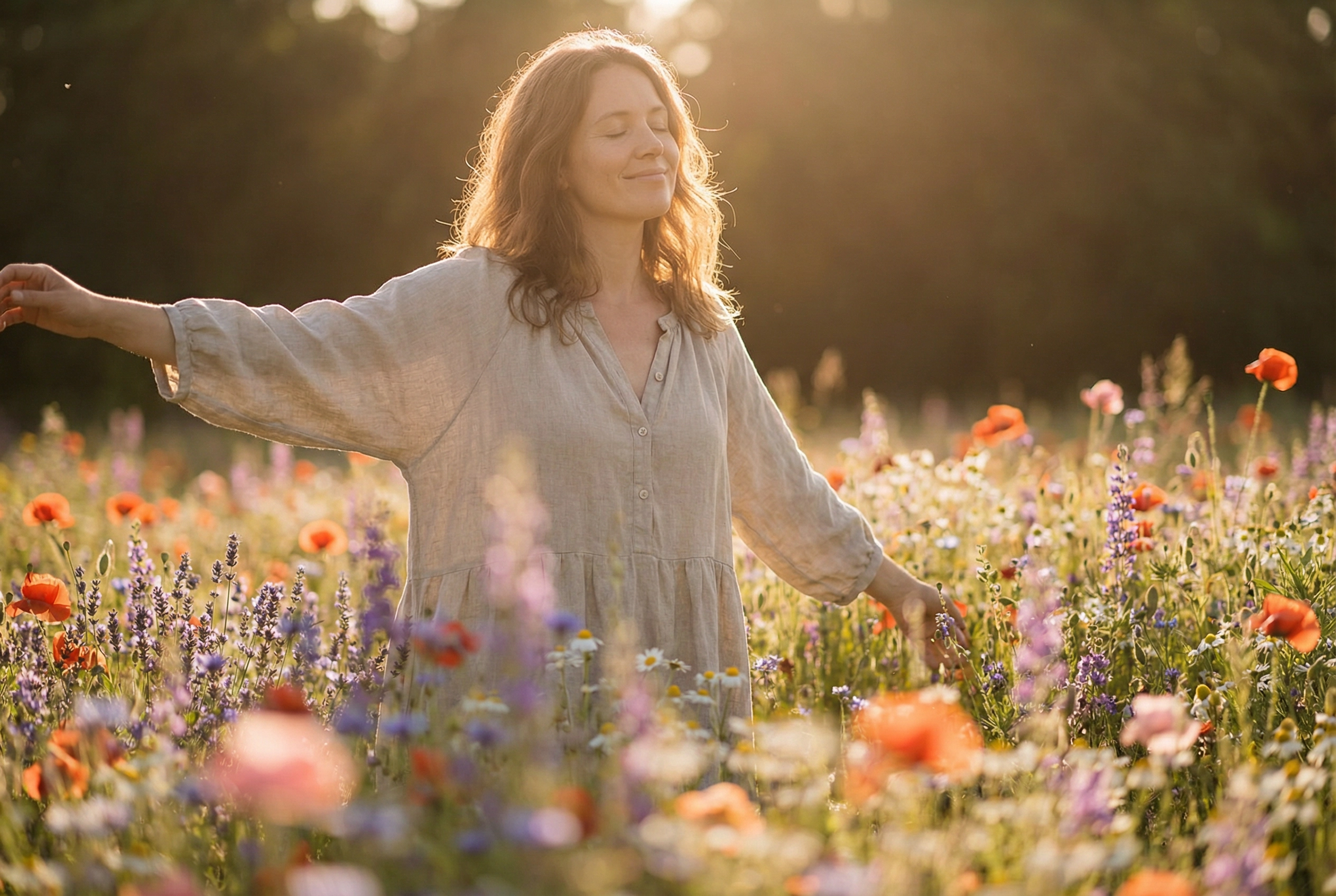 Donna serena in un prato fiorito - ridere rende la vita più leggera