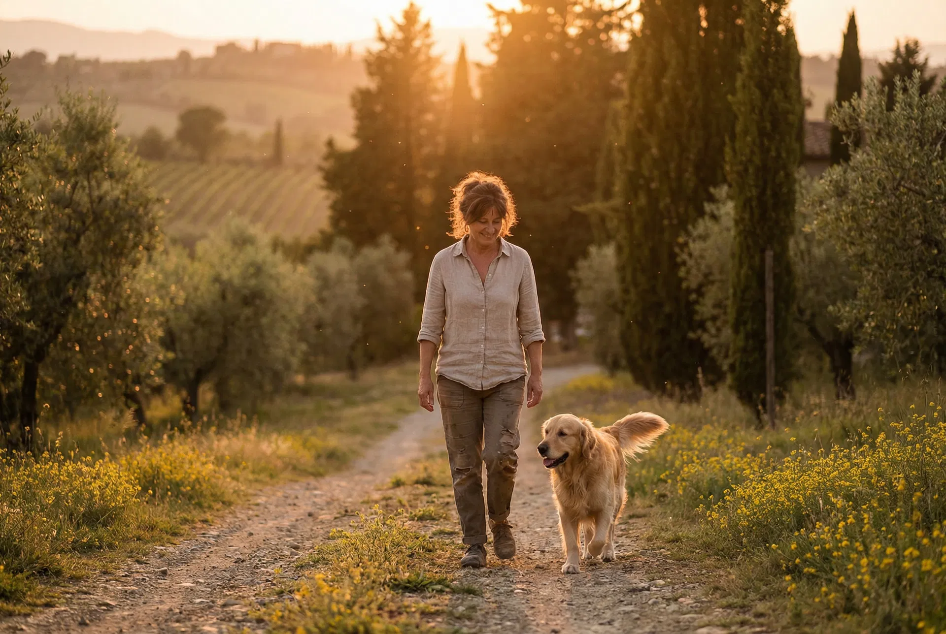 Una donna cammina con il suo golden retriever su un sentiero di campagna toscana al tramonto