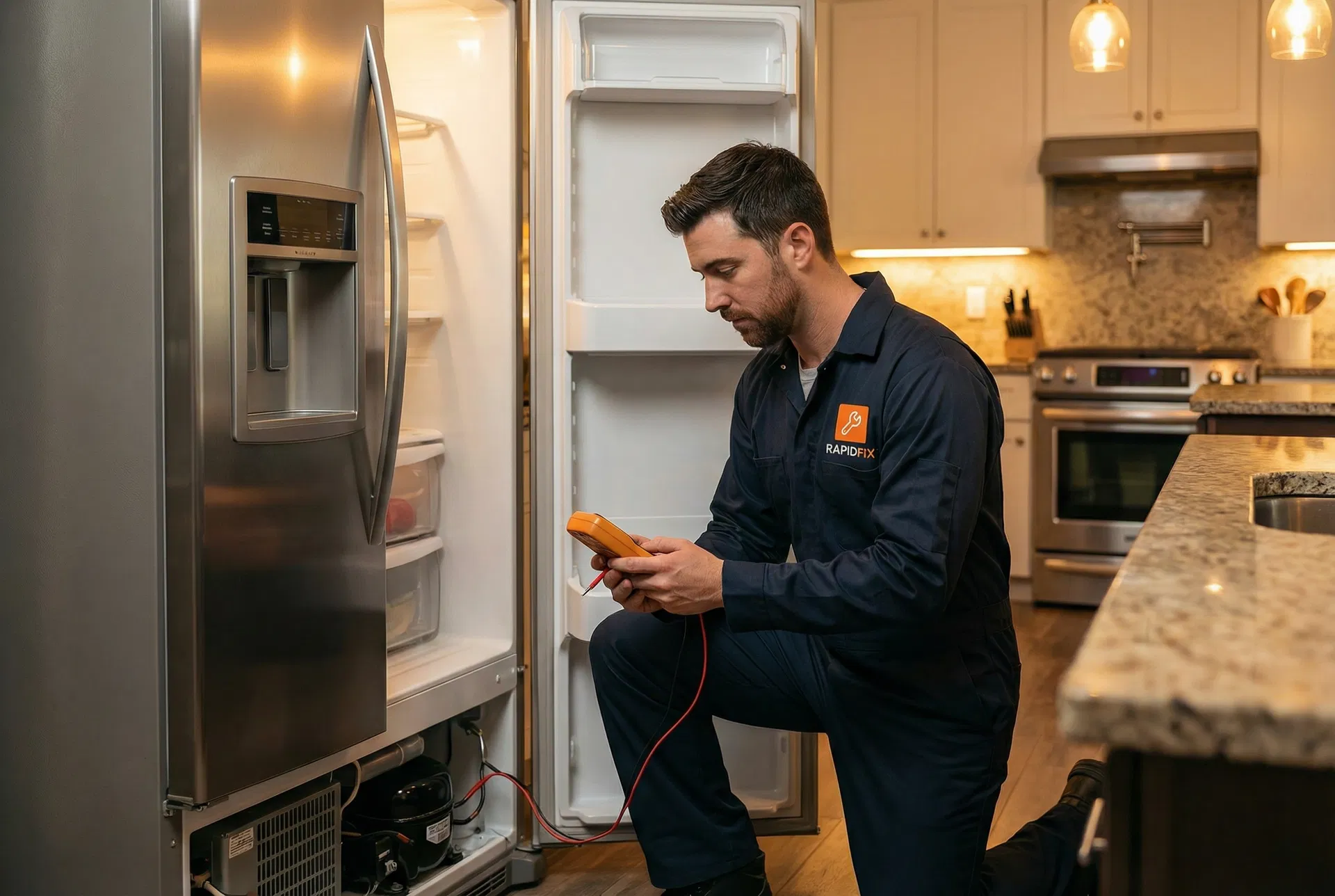 Technician repairing a refrigerator compressor in a residential kitchen in South Florida