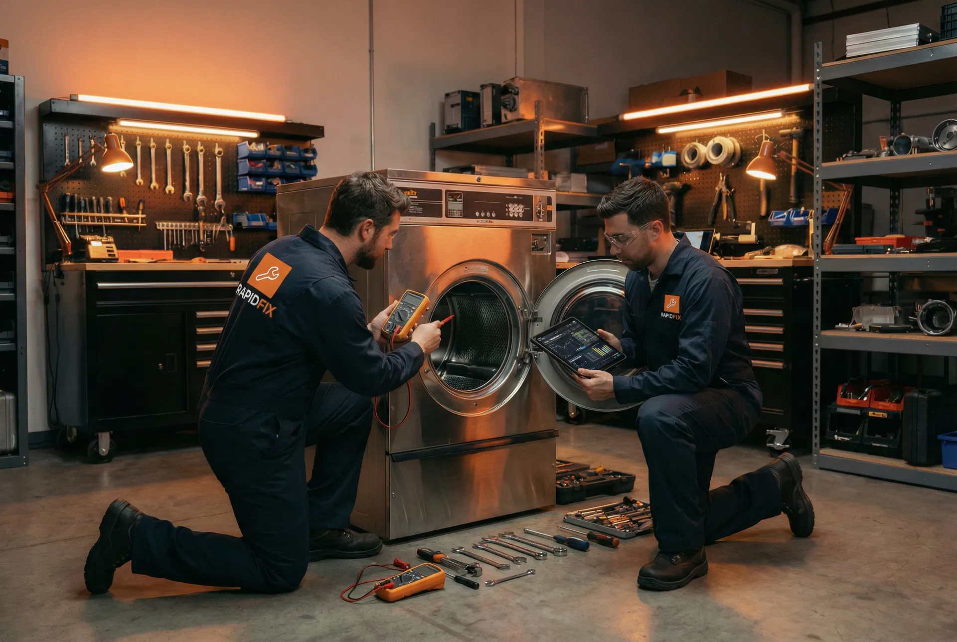 Appliance technician performing diagnostic check on kitchen appliance with digital multimeter