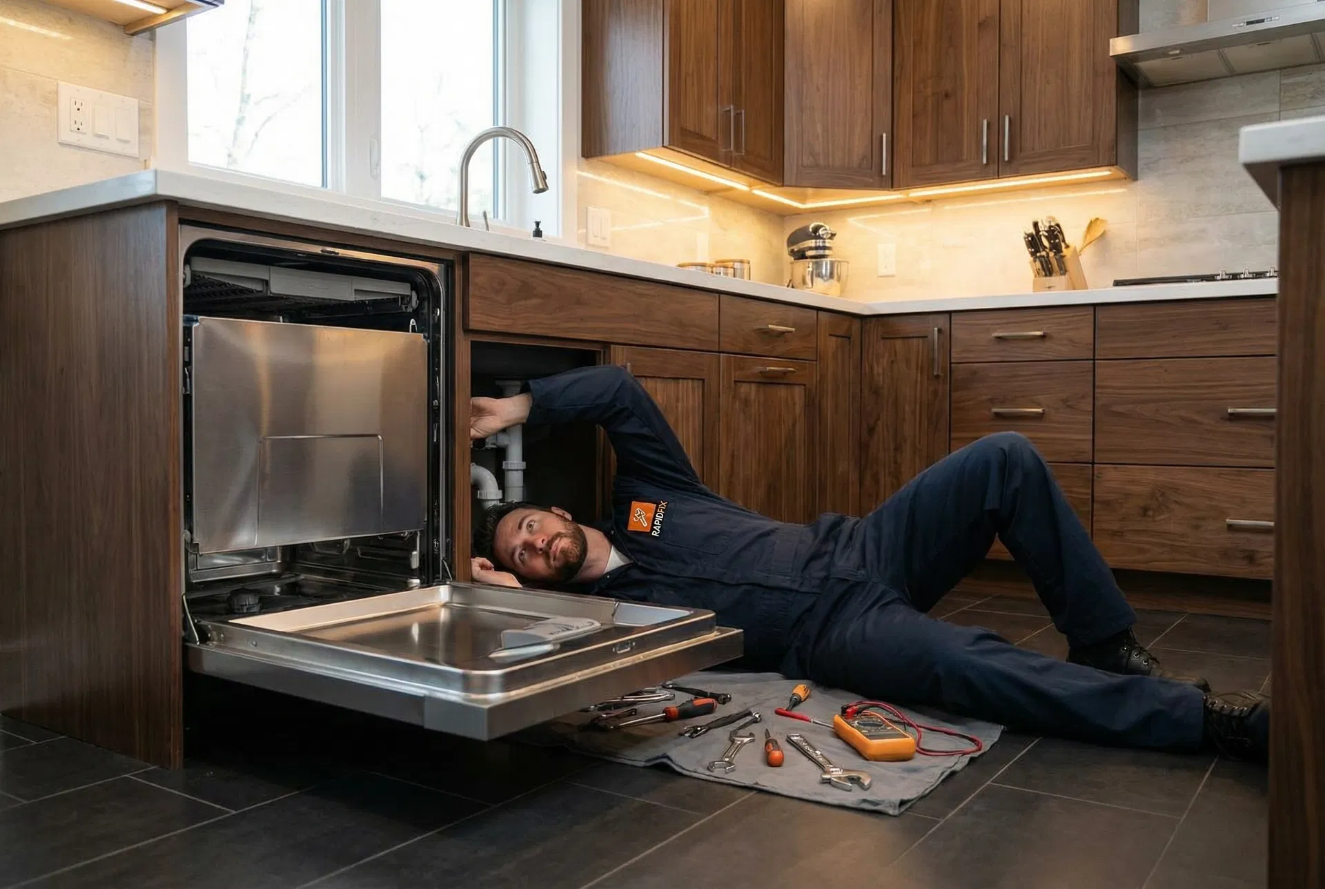 Dishwasher spray arm and pump repair during in-home service call in Miami-Dade