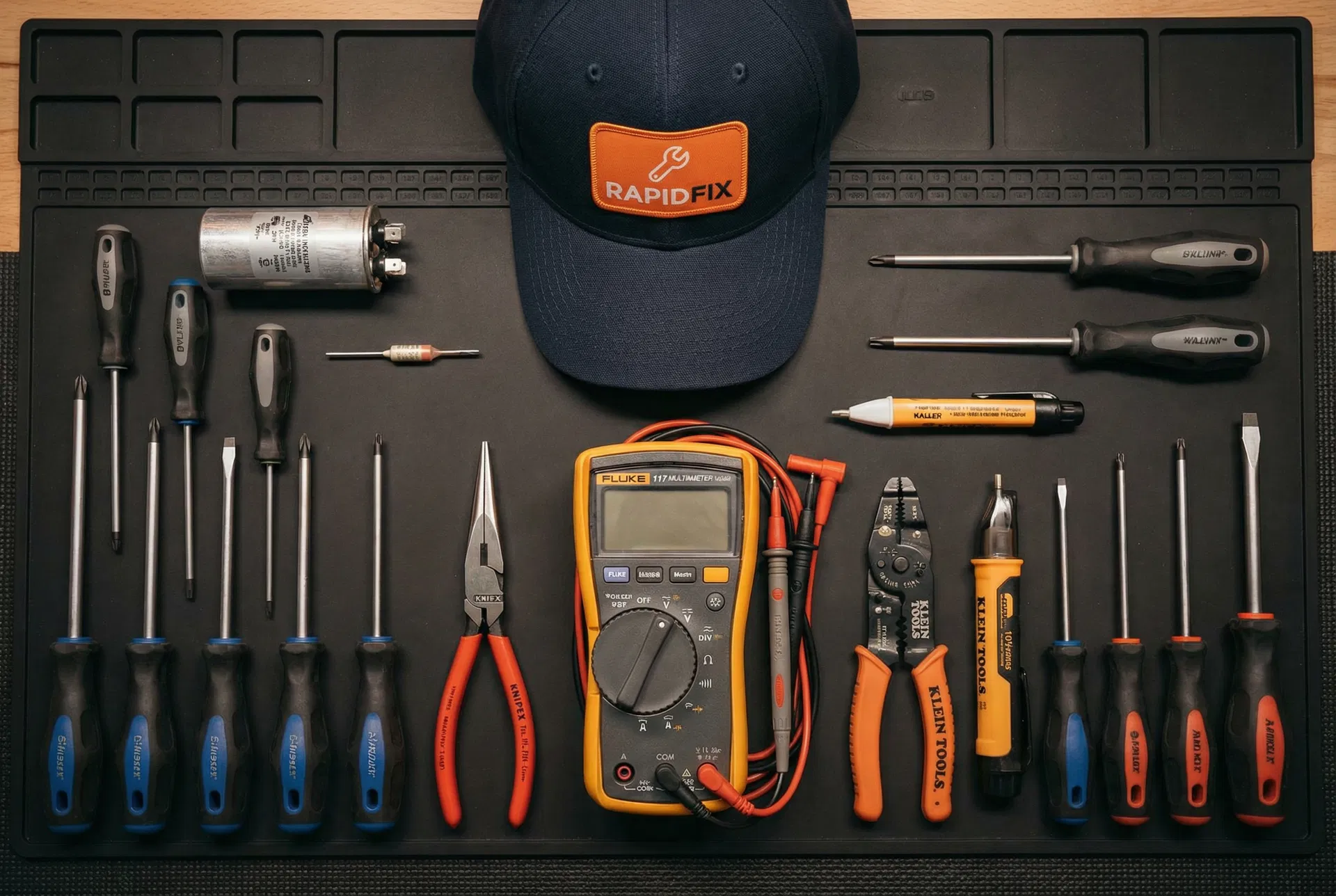 Professional appliance repair diagnostic tools and multimeter used by RapidFix technicians