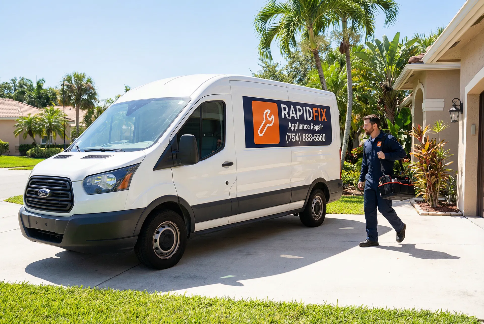 RapidFix Appliance Repair service van arriving at customer home in Broward County