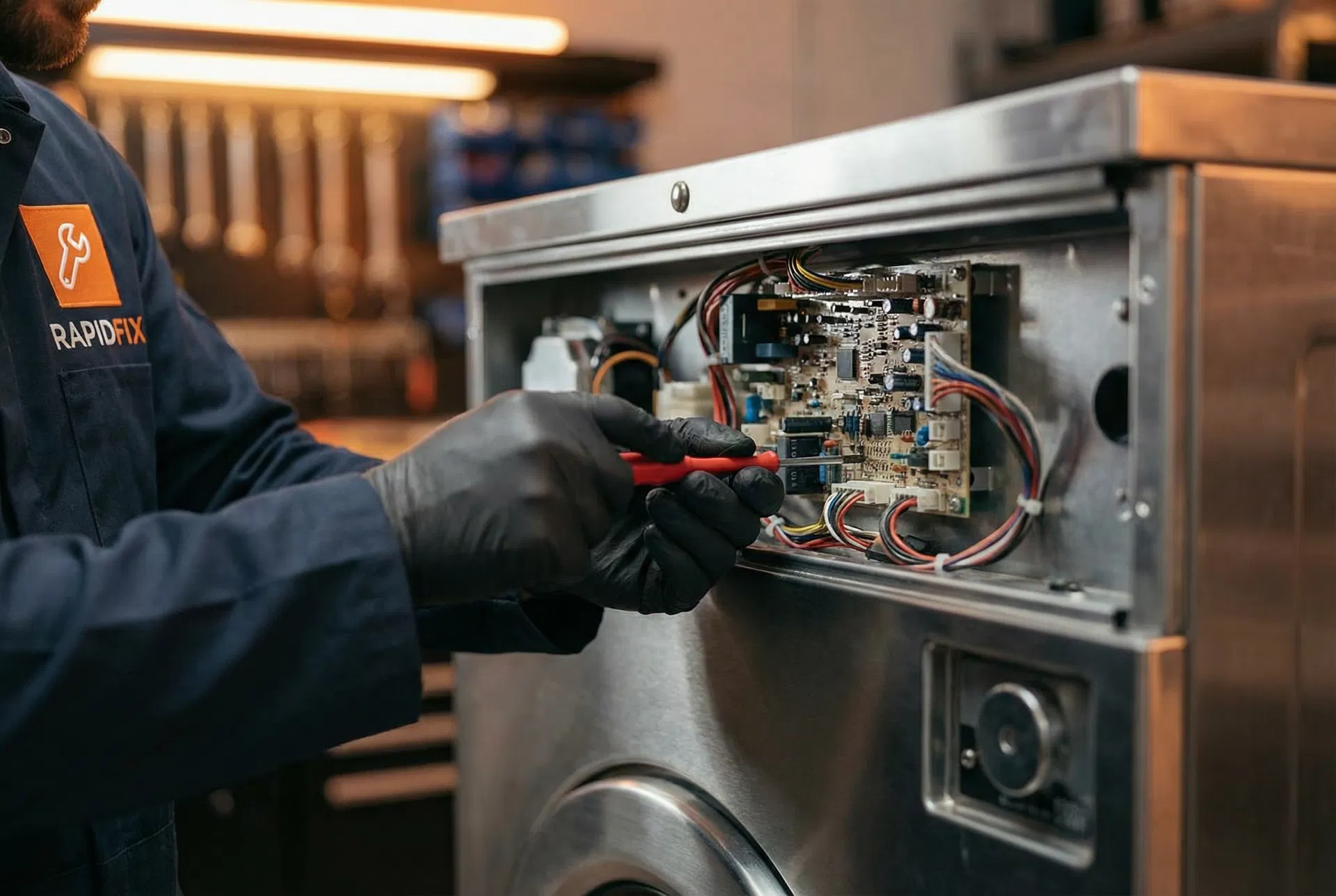 Close-up of technician hands repairing appliance control board with precision tools