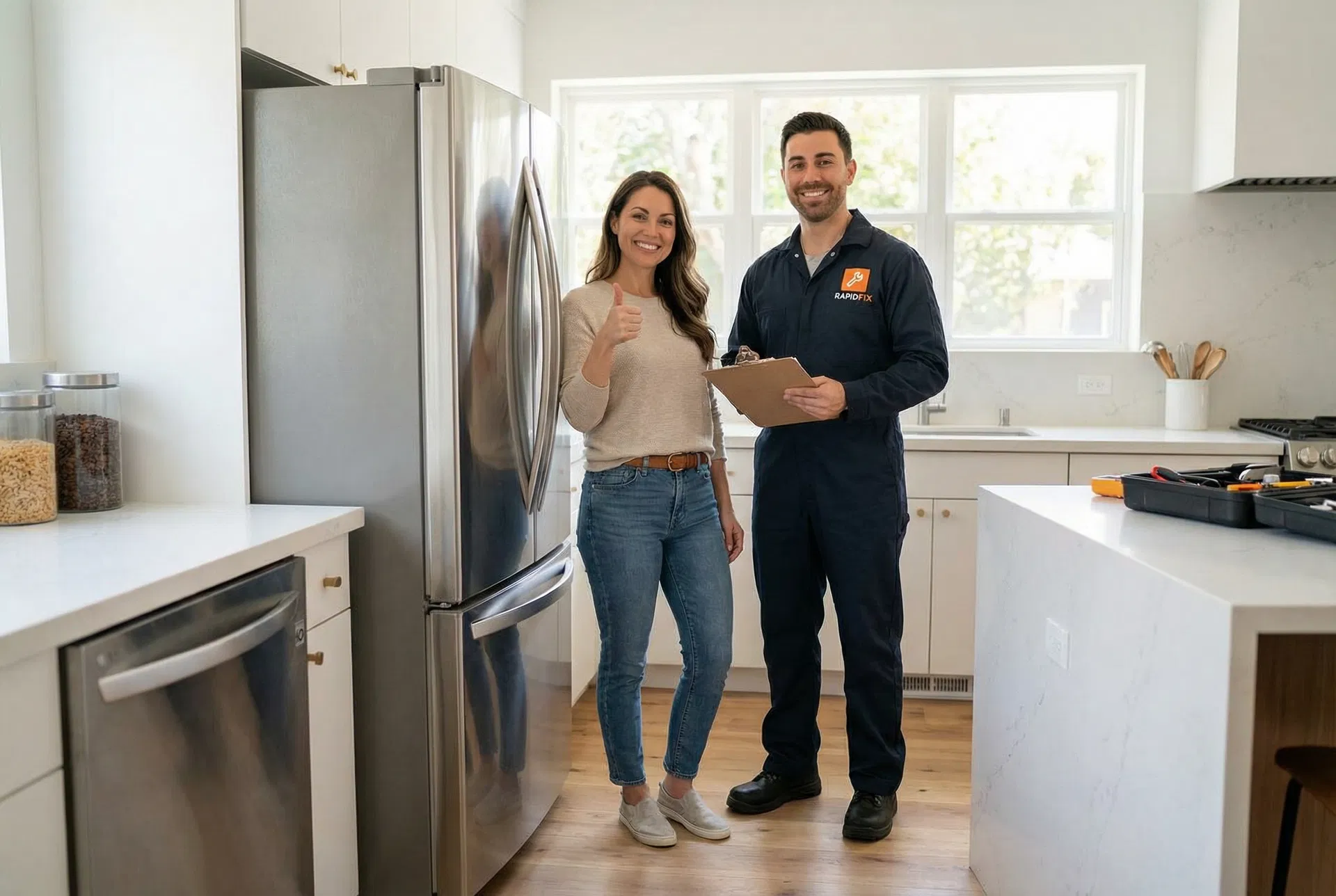 Completed appliance repair with satisfied customer reviewing the work in their kitchen