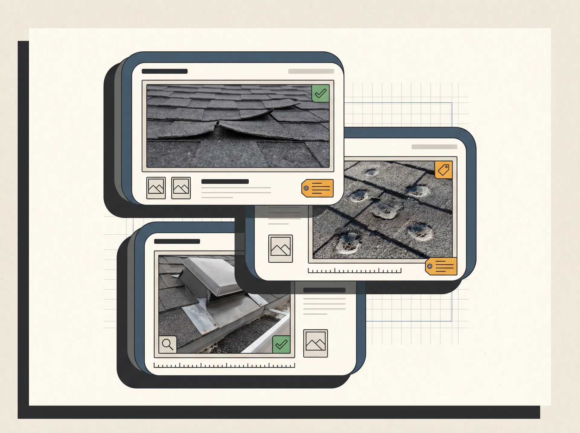 Roof damage photo documentation cards showing shingles, hail marks, and flashing inspection details