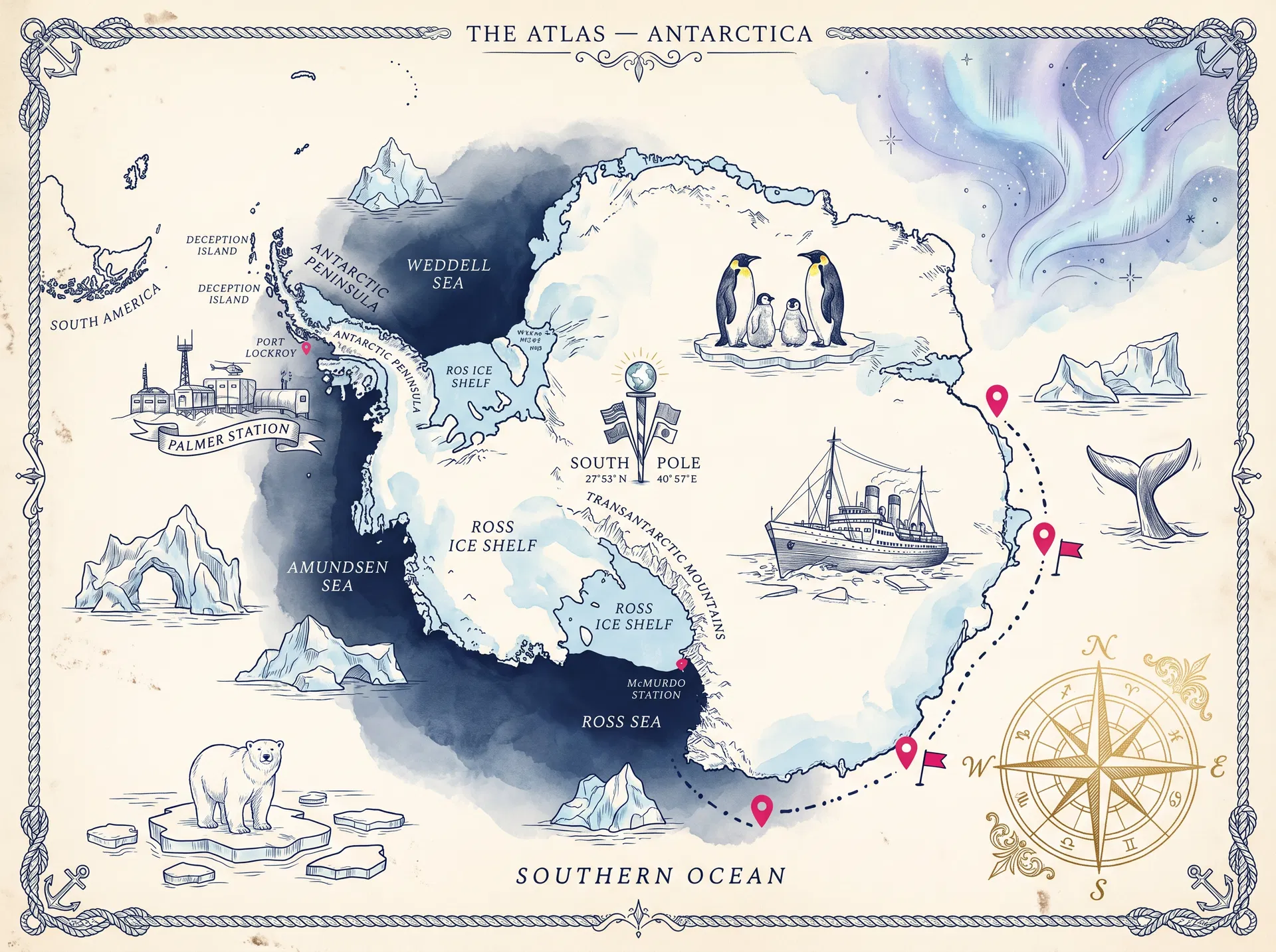 Antarctica illustrated atlas map