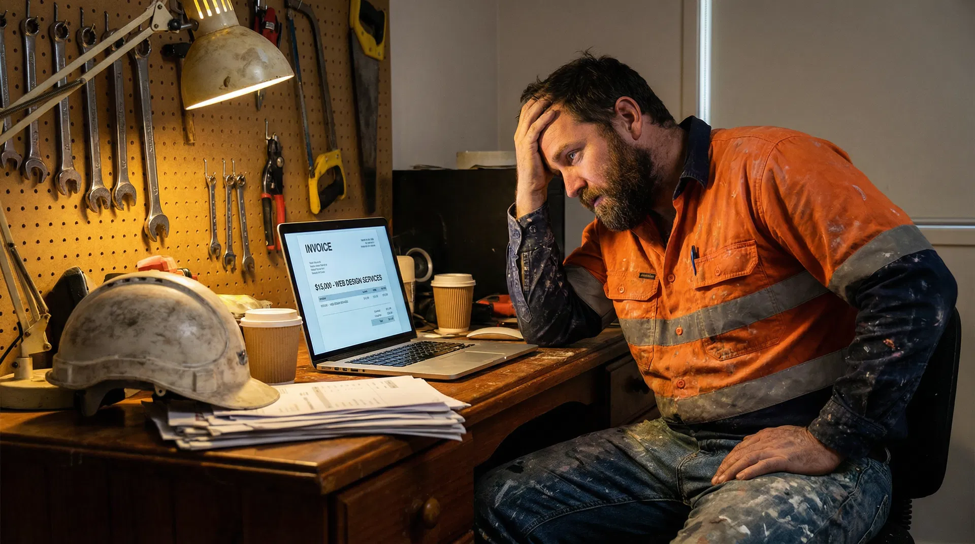 Frustrated tradie looking at expensive web design invoice