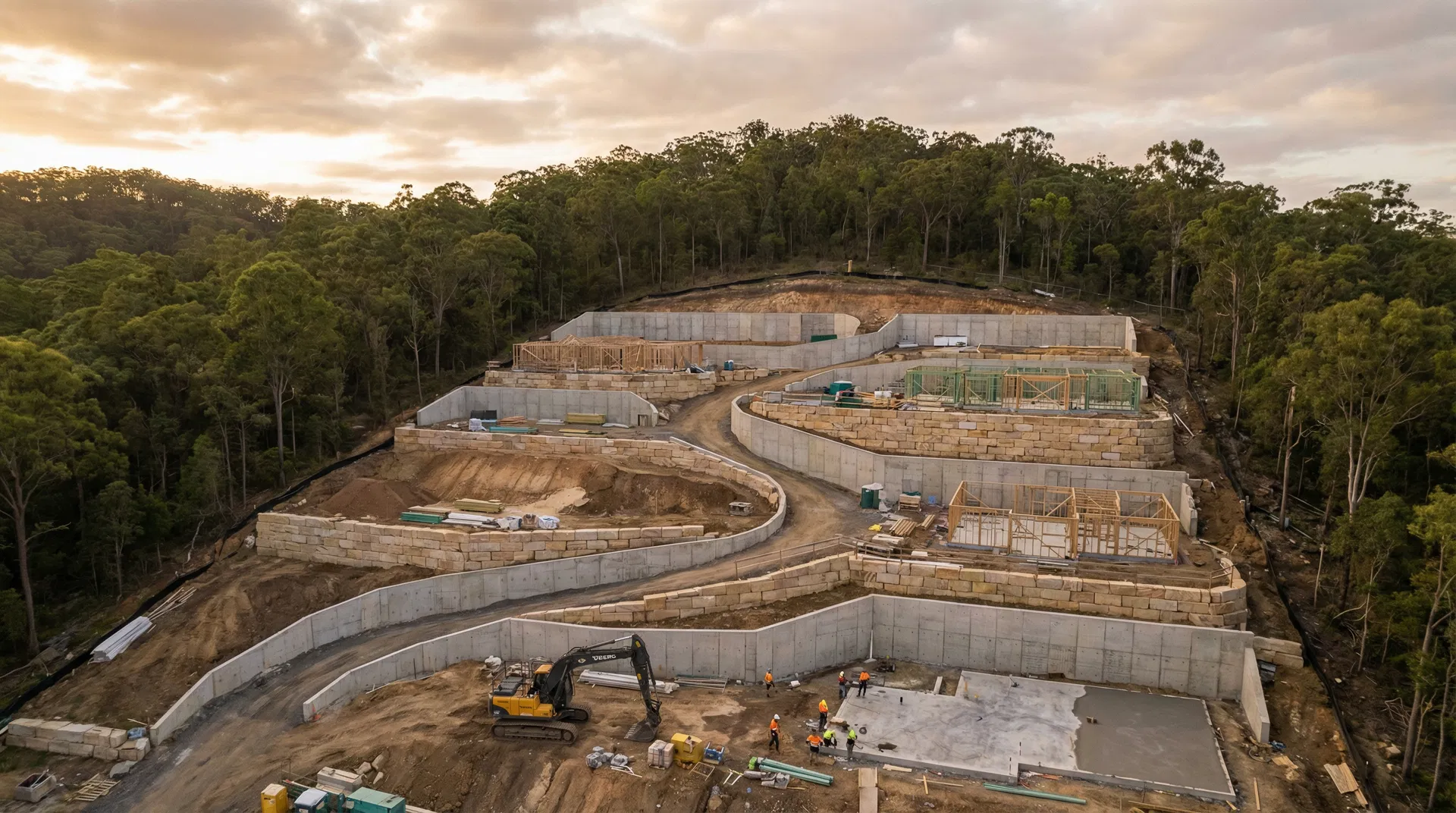 Aerial view of premium retaining wall construction