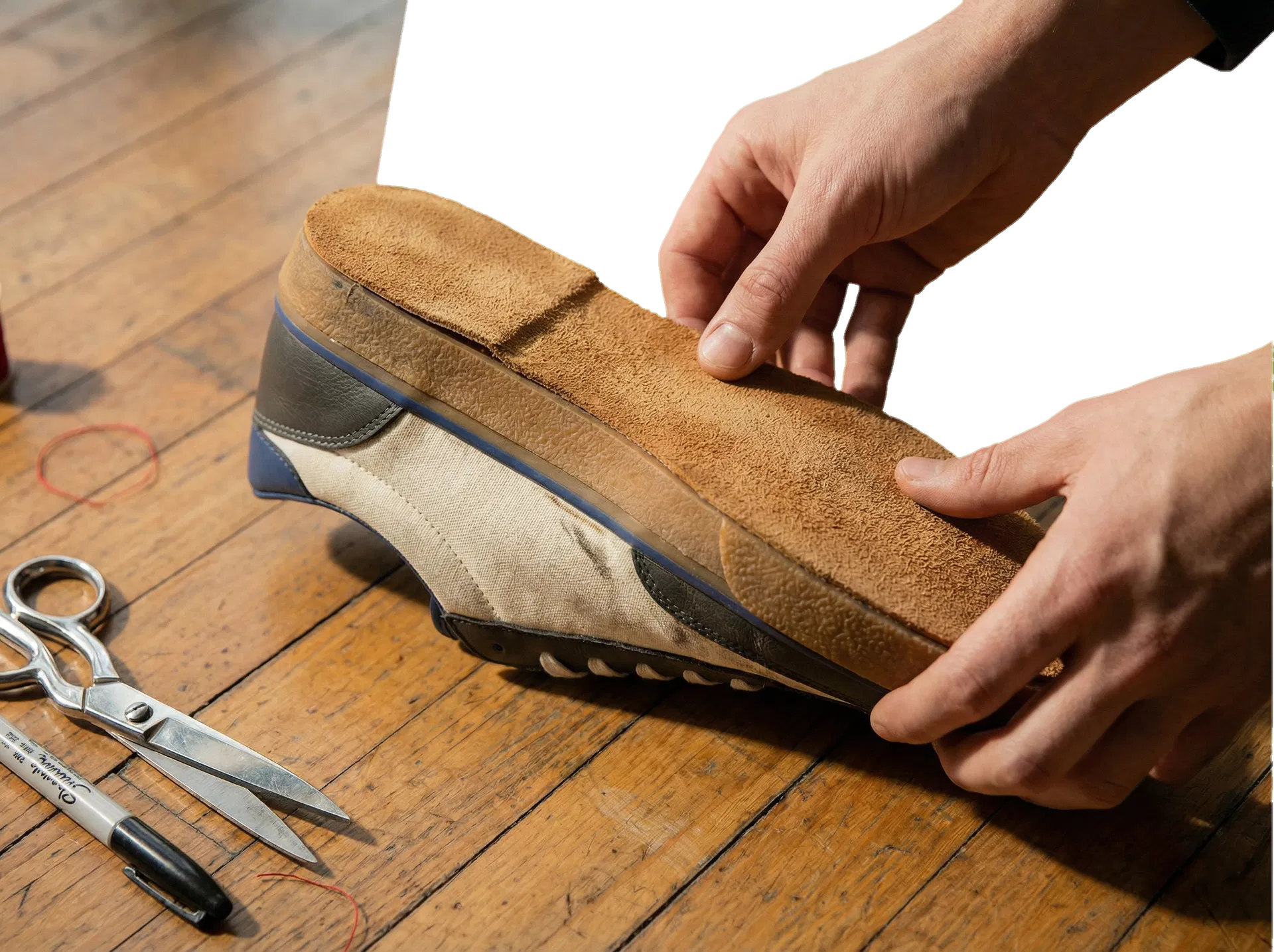 Hands adding a suede sole to a sneaker that is already owned