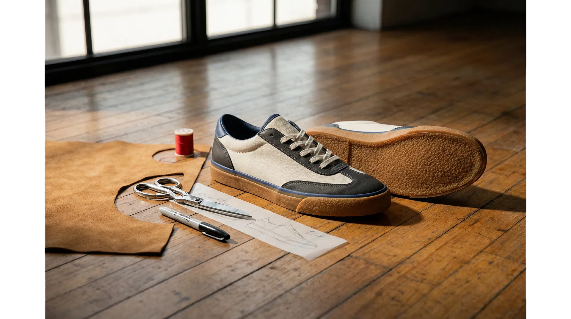 A sneaker with a DIY dance sole add-on next to suede and tools on a wooden dance floor