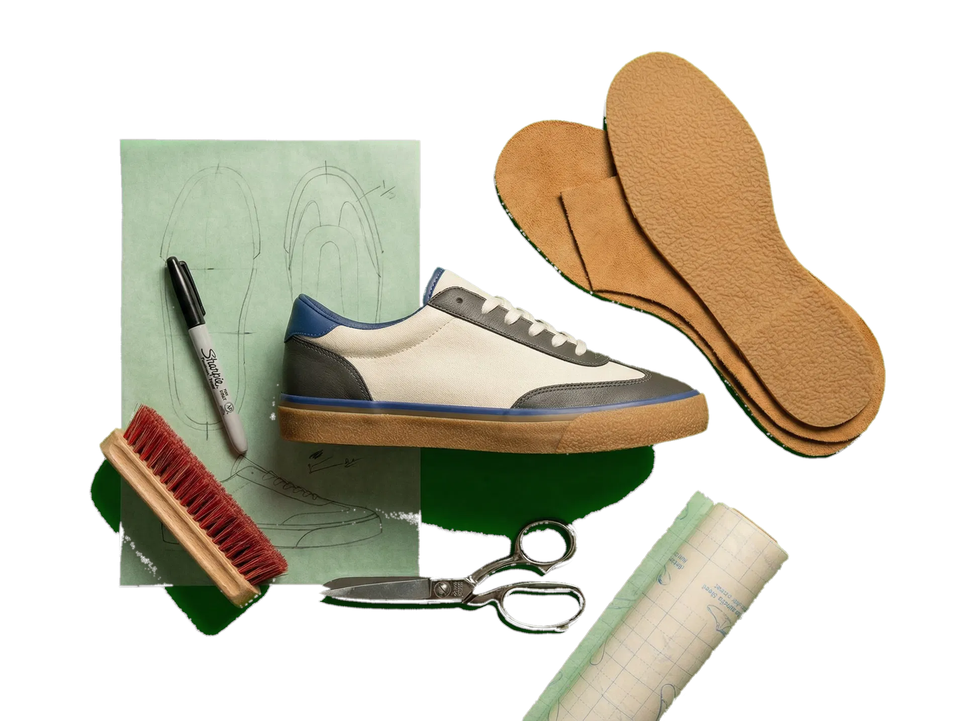 DIY dance shoe materials laid out beside a sneaker