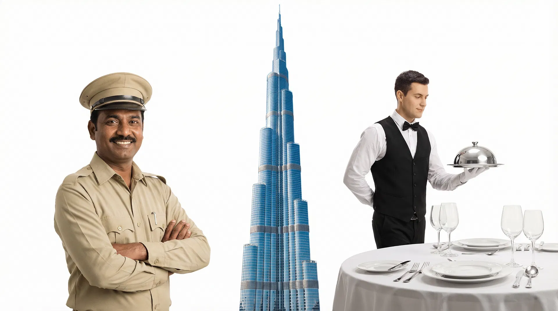 Dubai taxi driver and waiter with Burj Khalifa
