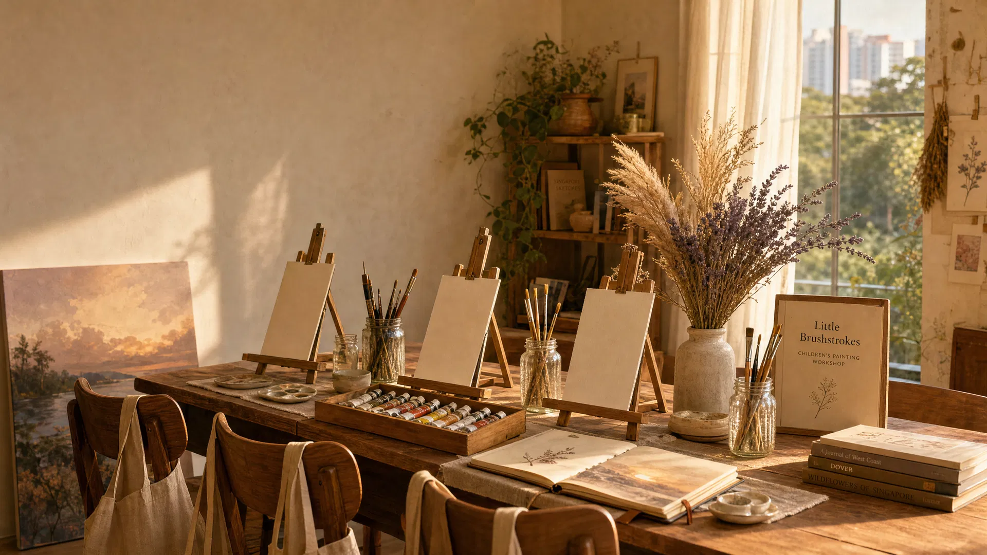 A sunlit home art studio set up for the Summer Art Camp — three little easels, fresh canvases, brushes, dried lavender, and a small wooden sign
