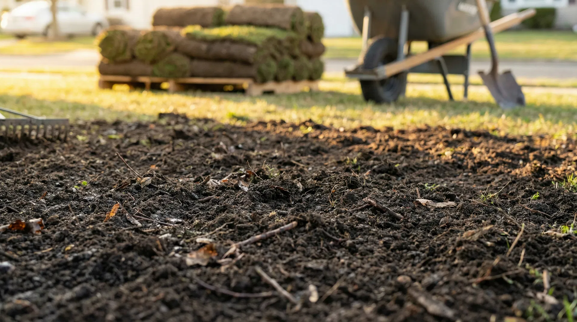 Rich dark composted topsoil spread before sod installation with sod rolls ready in Ocean County NJ by Ocean County Sod