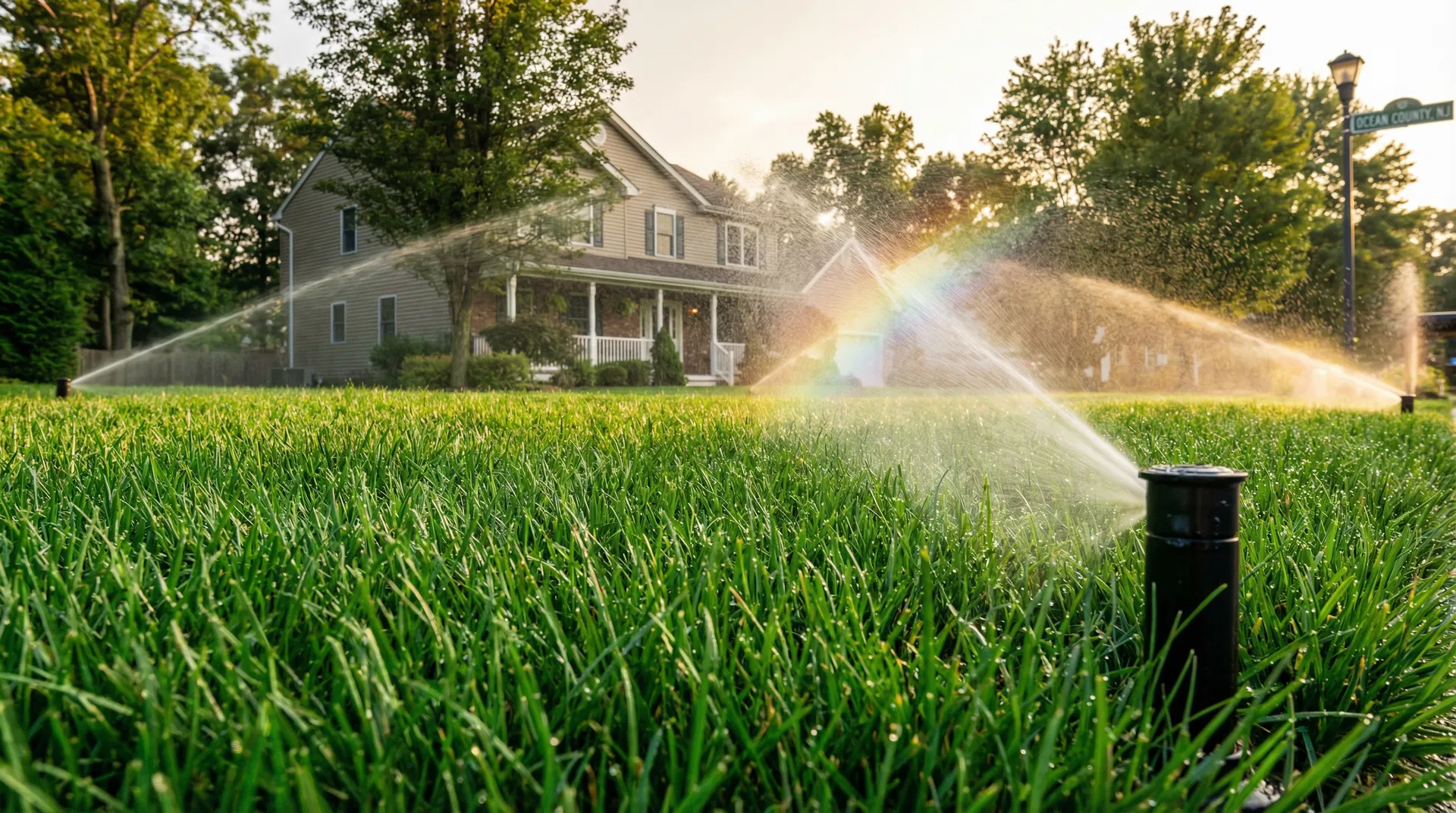 Lush green Tall Fescue Blue lawn with modern pop-up sprinkler system watering at golden hour in Ocean County NJ