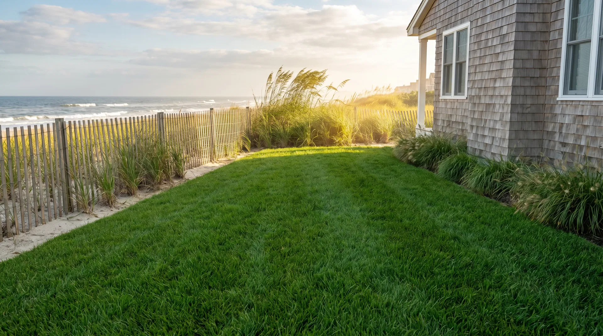 Thriving green Tall Fescue Blue sod lawn at a Jersey Shore home after proper soil preparation by Ocean County Sod