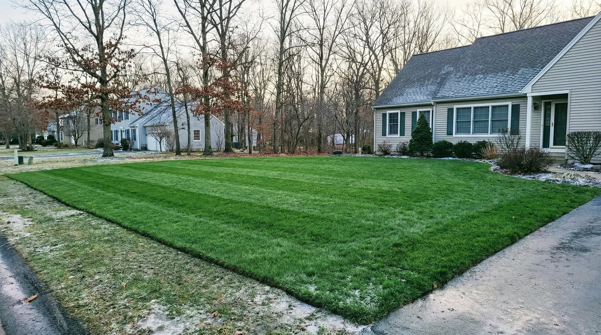Healthy green Tall Fescue Blue lawn staying green through winter in Ocean County NJ by Ocean County Sod
