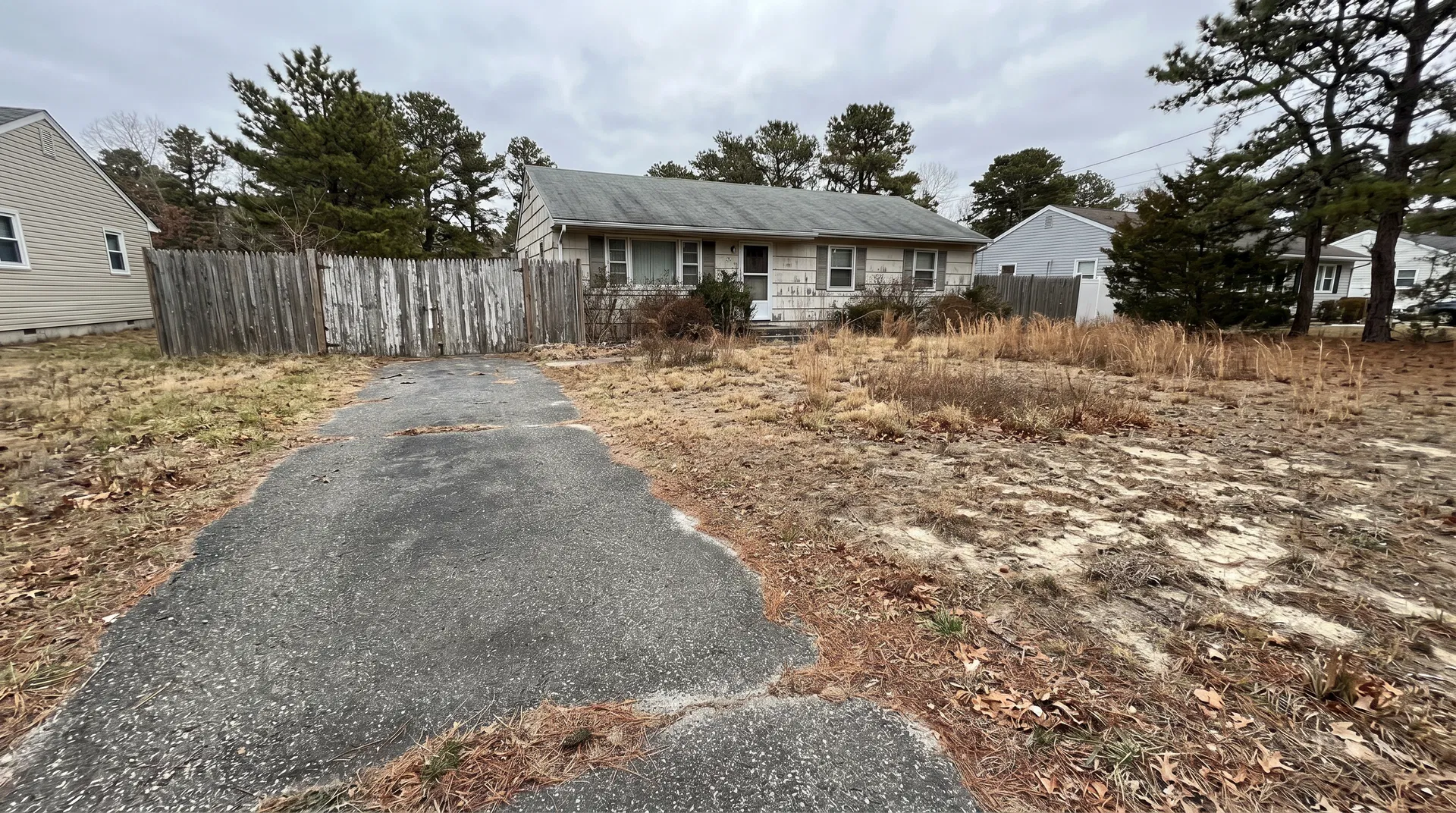 Sandy Pine Barrens soil with dead grass before sod installation in Barnegat, Ocean County NJ