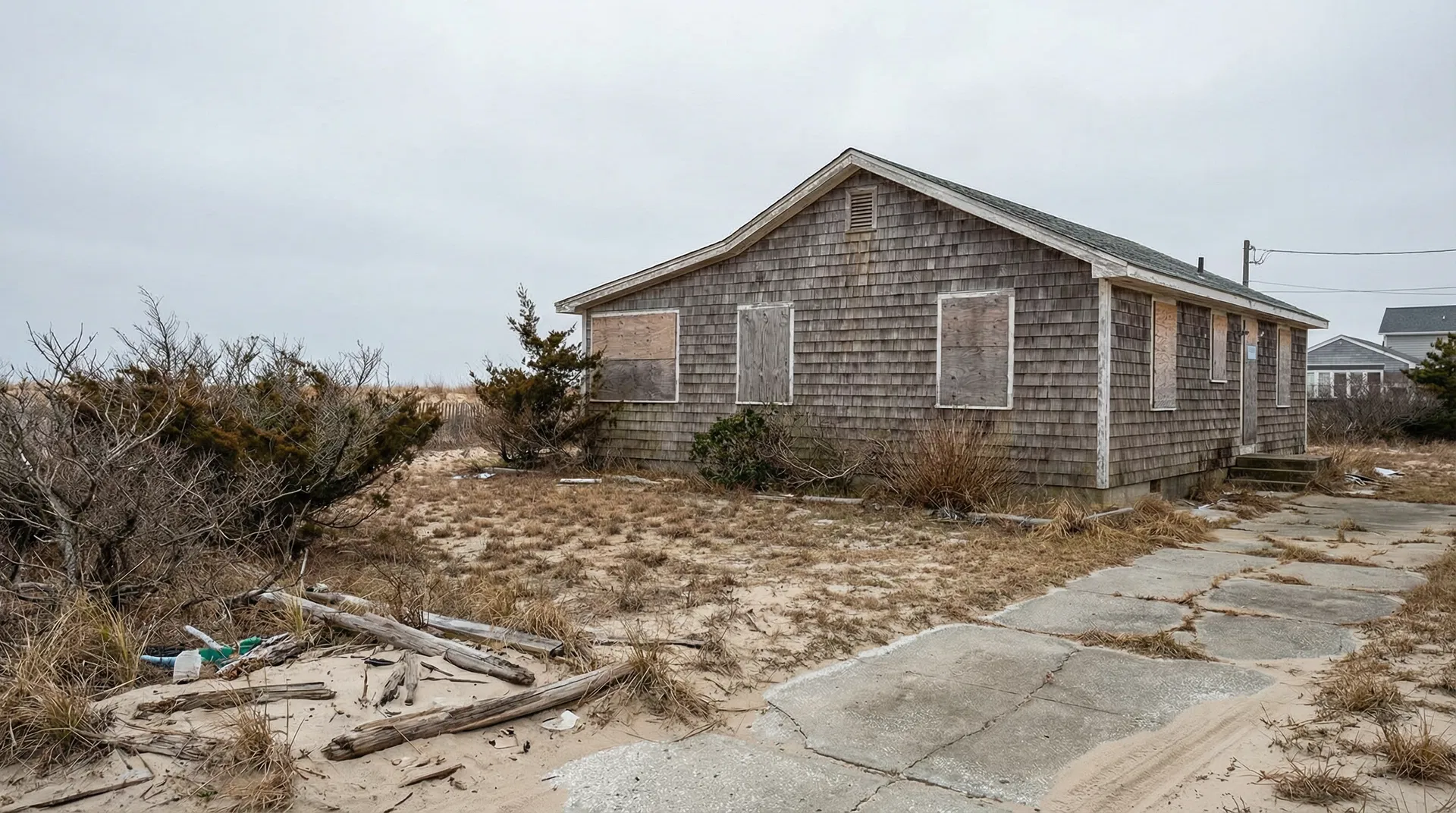 Salt-damaged sandy lawn at a Jersey Shore beach house before preparing for sod installation in Ocean County NJ