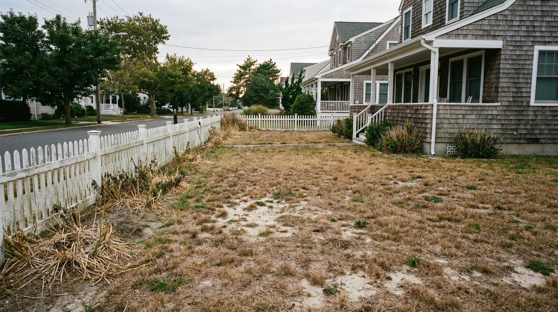 Dead patchy lawn with sandy bare spots at a shore home in Manasquan NJ before professional sod installation by Ocean County Sod - salt-damaged coastal lawn Monmouth County