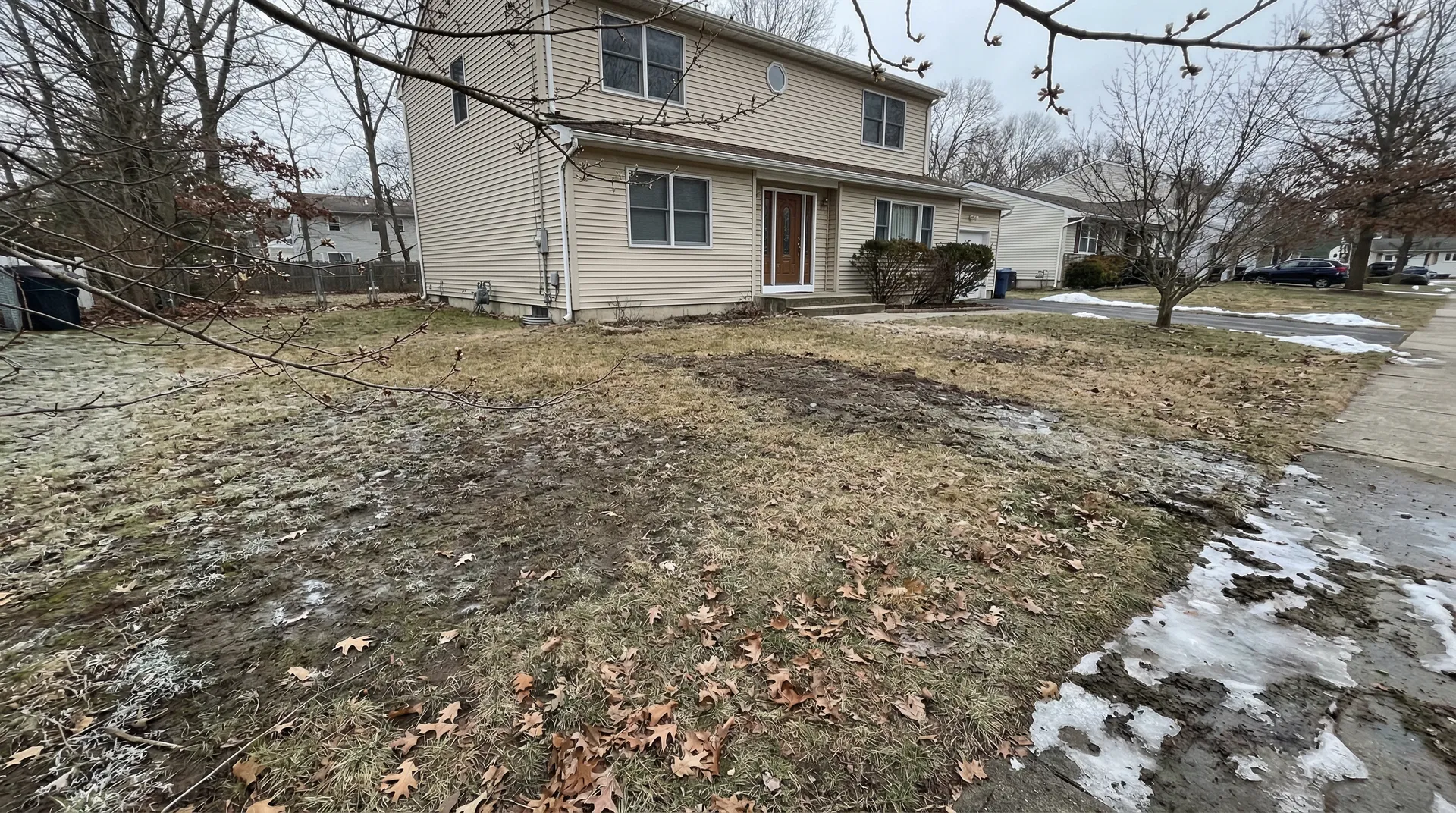 Frost-damaged dormant lawn at Ocean County NJ home in early spring before sod installation - brown grass with bare muddy patches