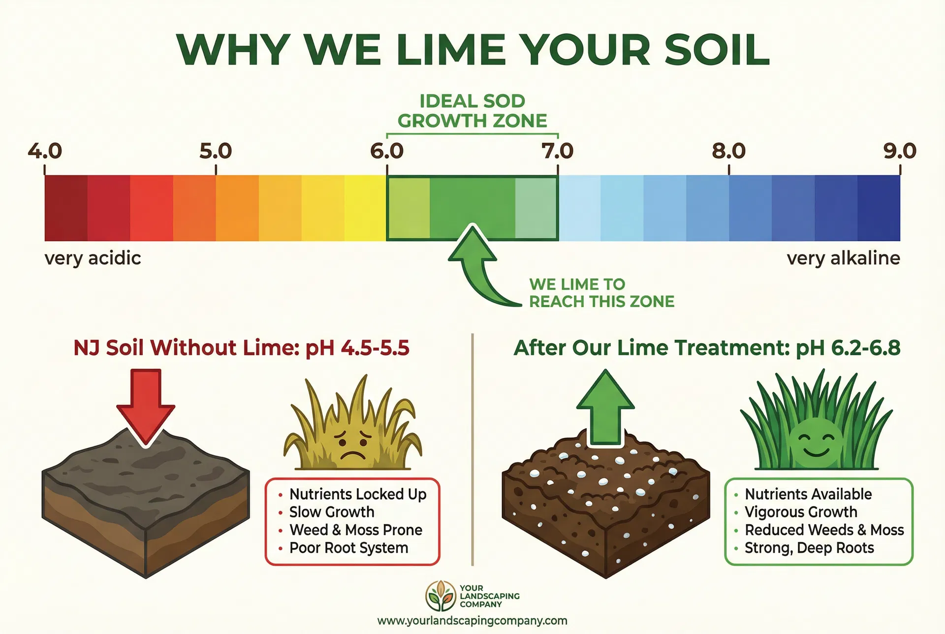 pH scale showing NJ soil without lime at pH 4.5-5.5 vs after lime treatment at pH 6.2-6.8 in the ideal sod growth zone