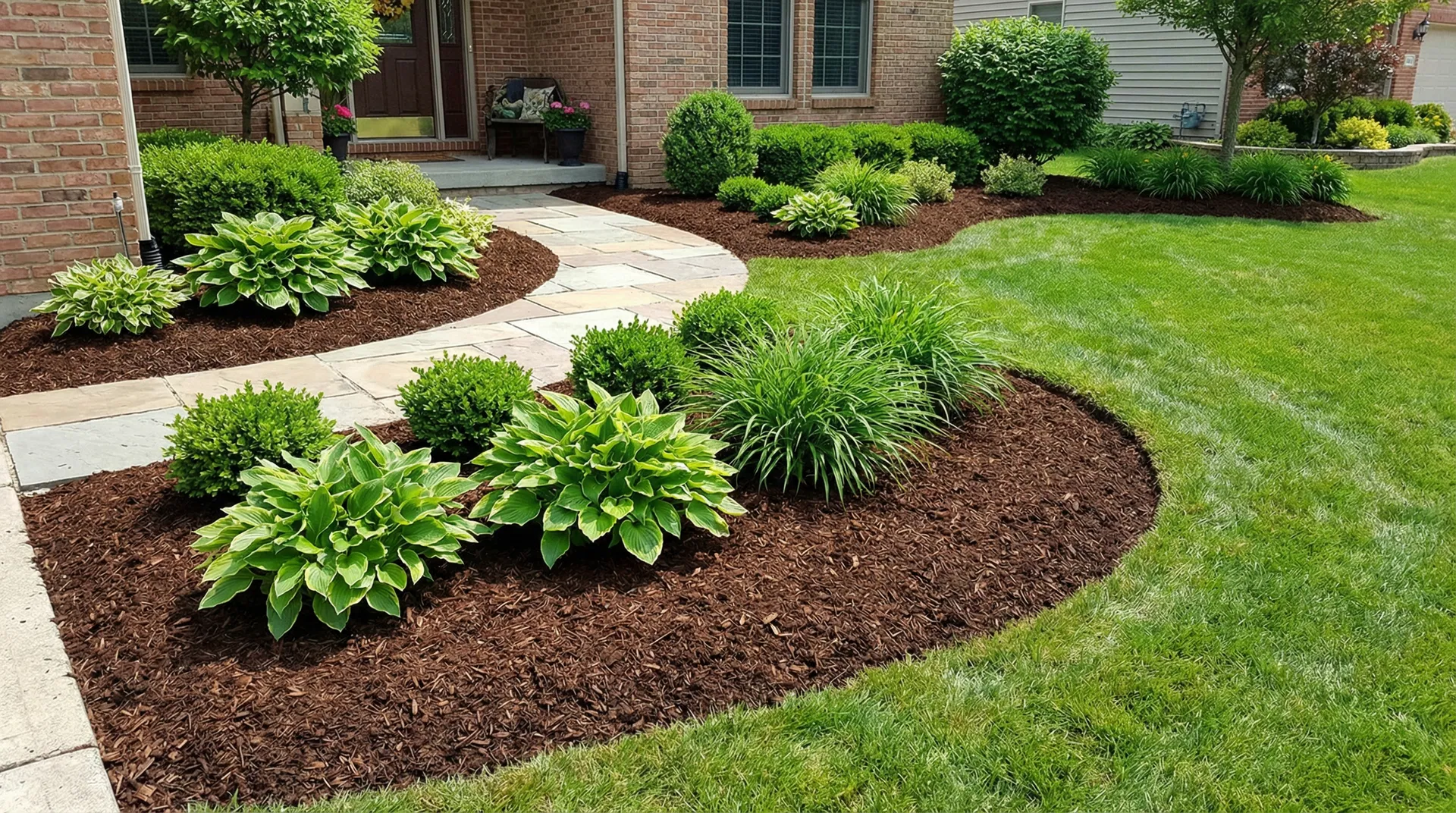 Professional mulch landscaping in residential beds