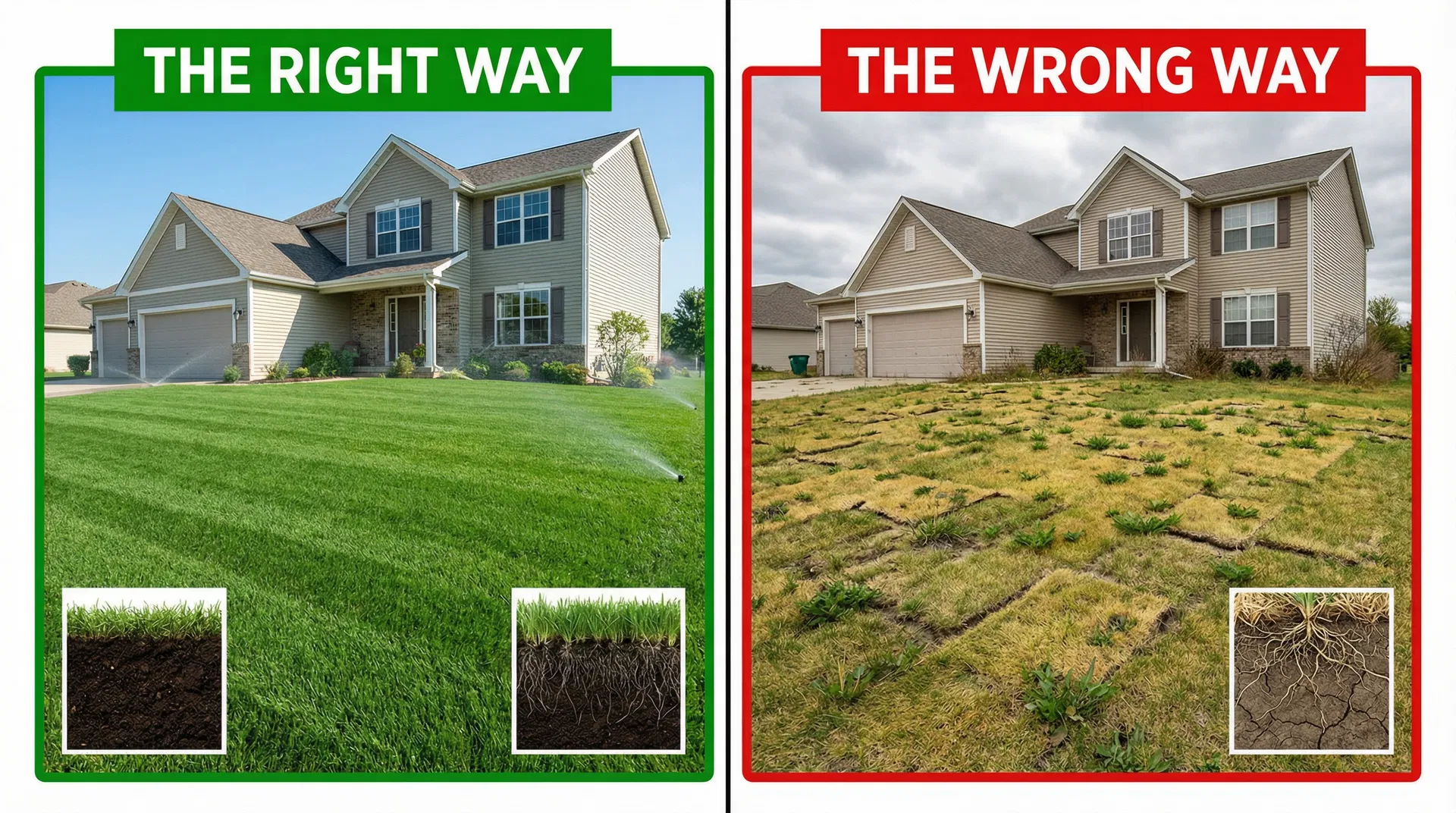 Side-by-side comparison: The Right Way shows a lush green lawn, The Wrong Way shows patchy dying sod with gaps