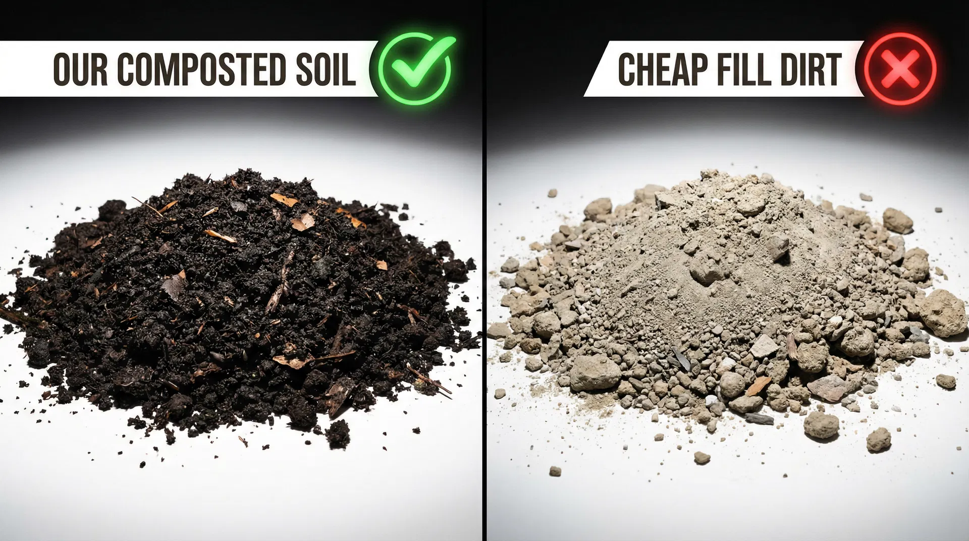Side-by-side comparison: Our dark, rich composted soil vs cheap gray fill dirt