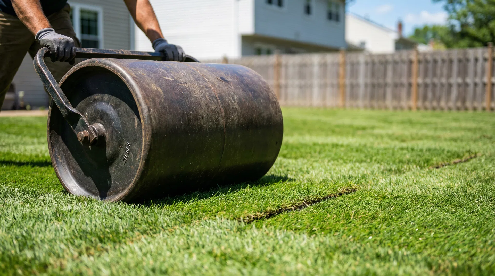 Heavy water roller being used to compact freshly laid sod for perfect soil contact