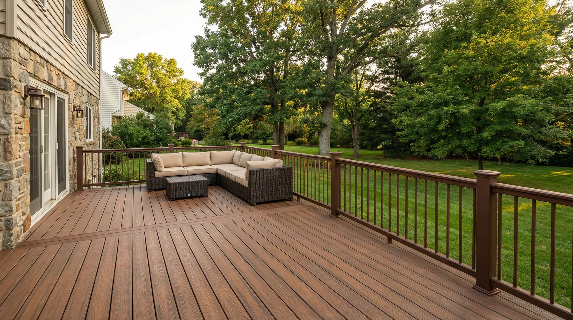 Brown Trex composite deck with matching railings on New Jersey home