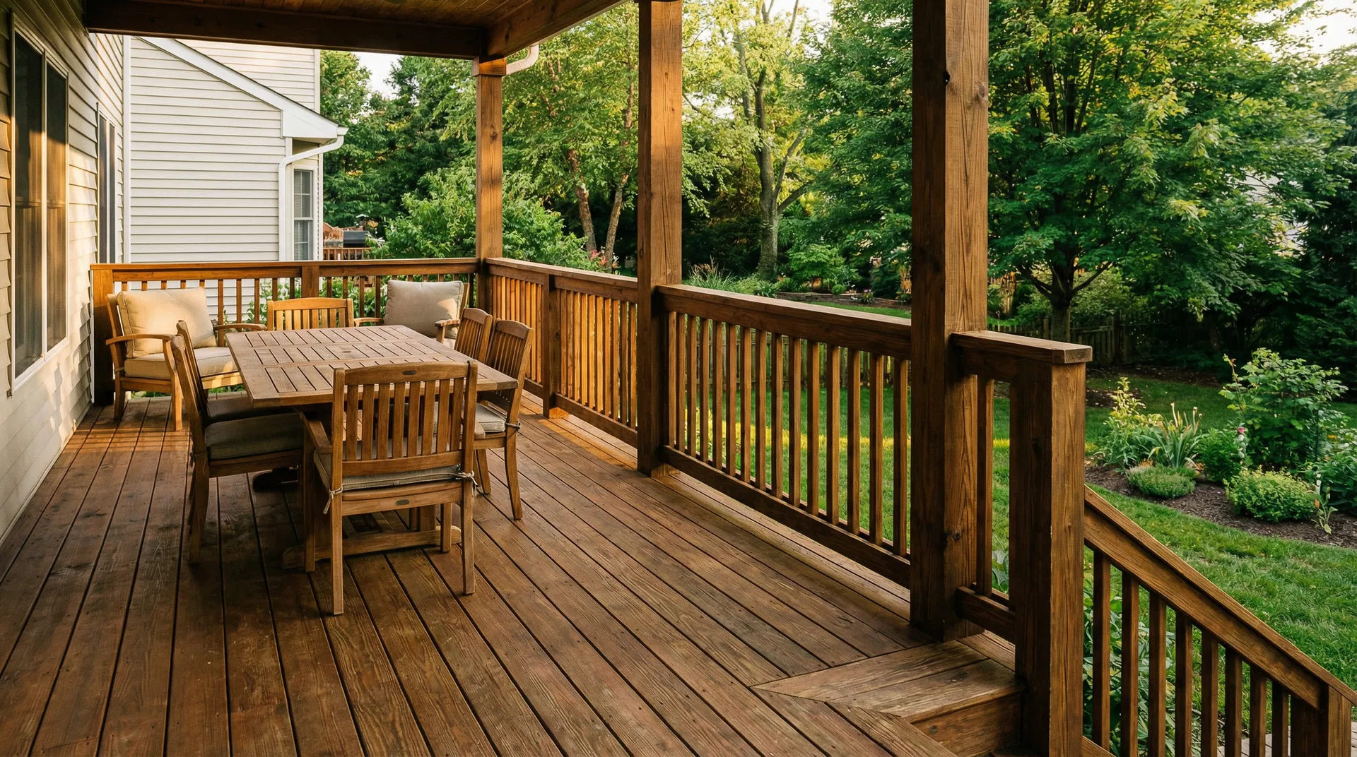Traditional all-wood deck with wood railing attached to New Jersey home
