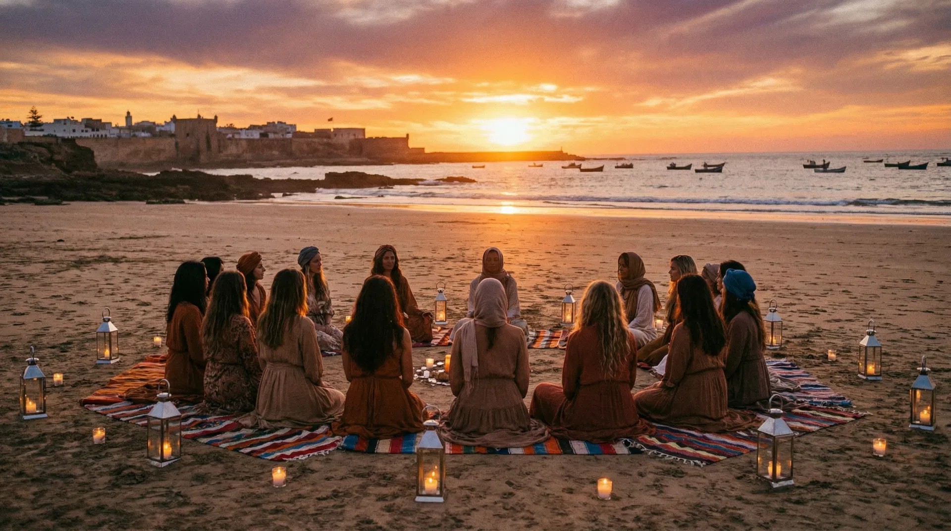 Women's circle on the beach at sunset