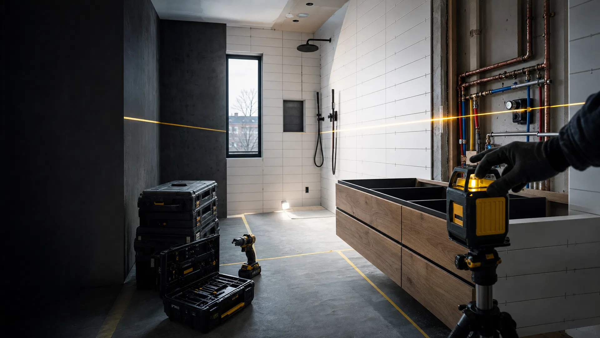 Salle de bain en rénovation professionnelle avec outils alignés