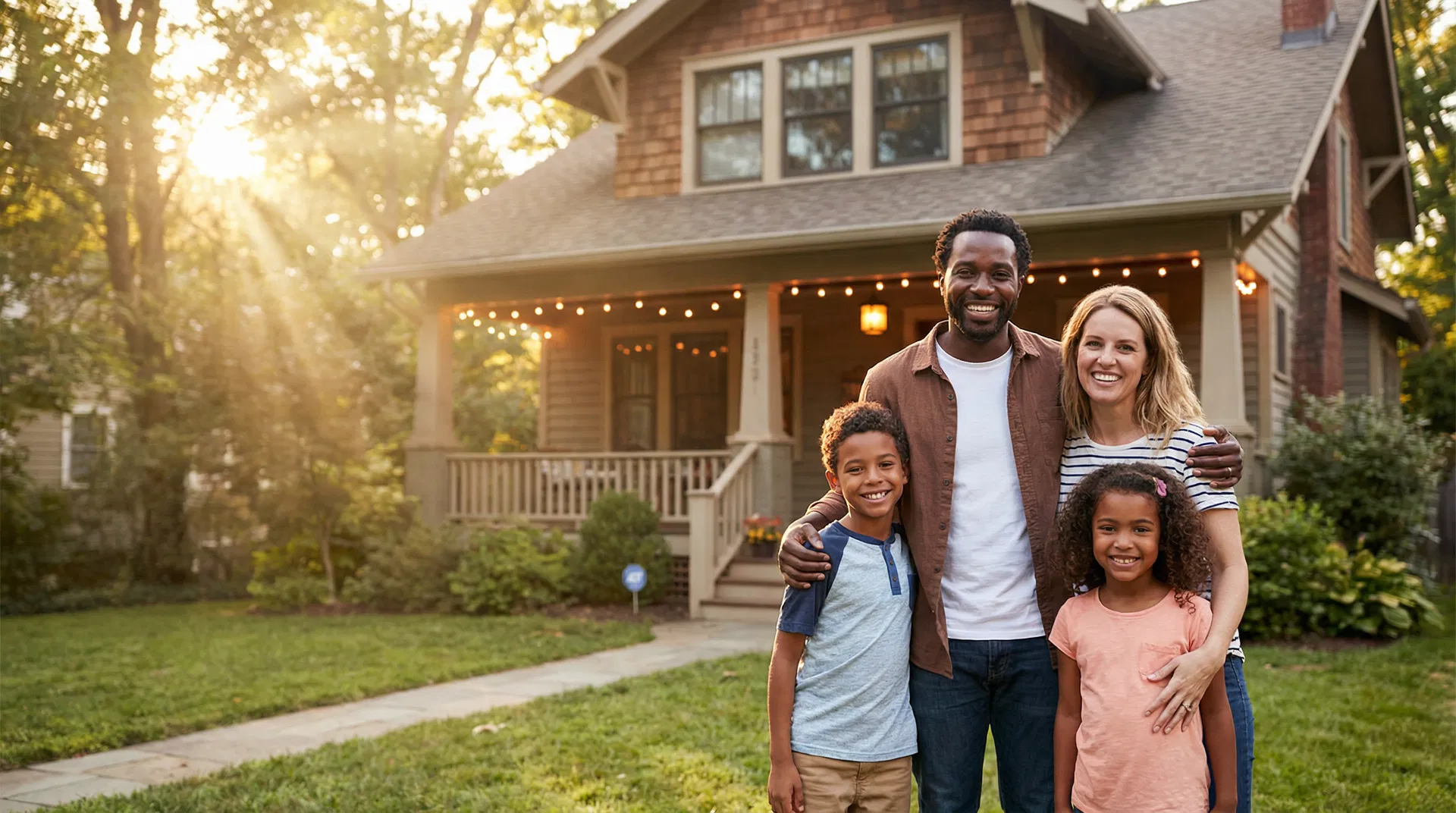 Happy family in front of their home