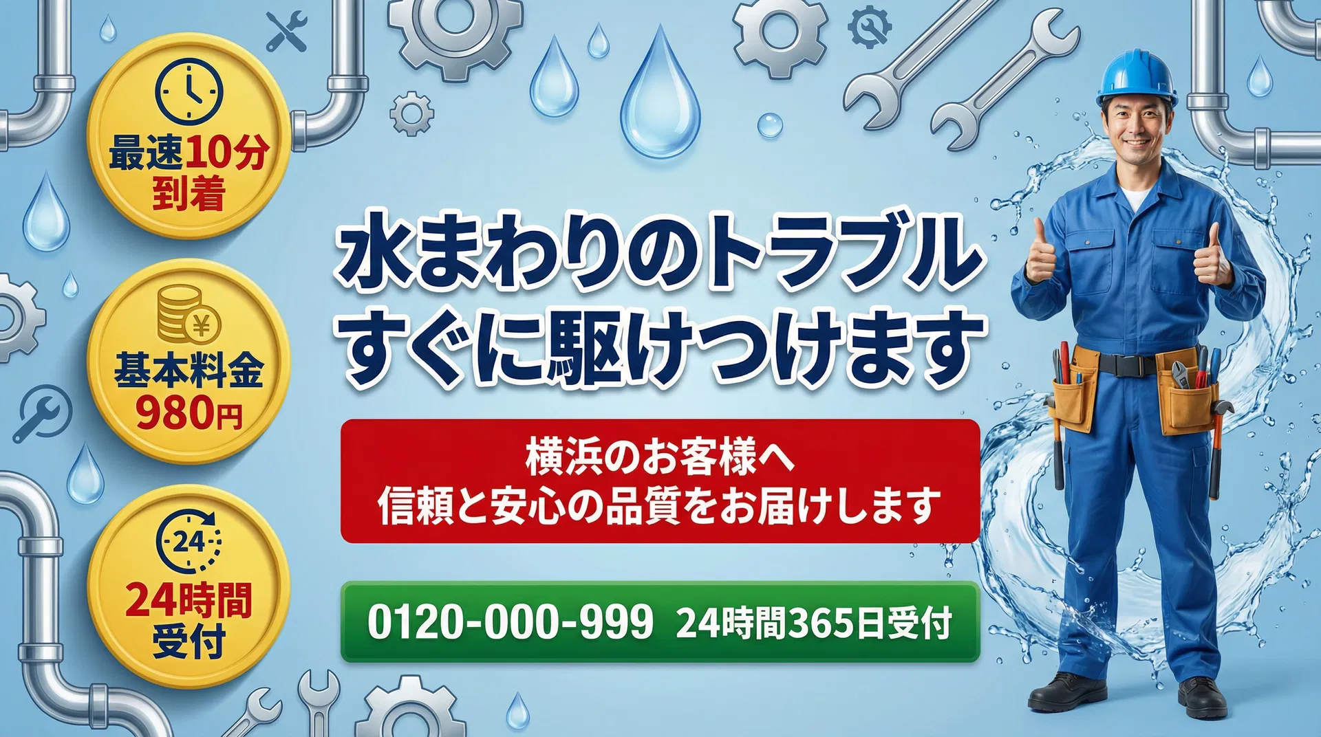 横浜の水回りトラブル 駆けつけます - 最短10分到着、基本料金980円、24時間対応