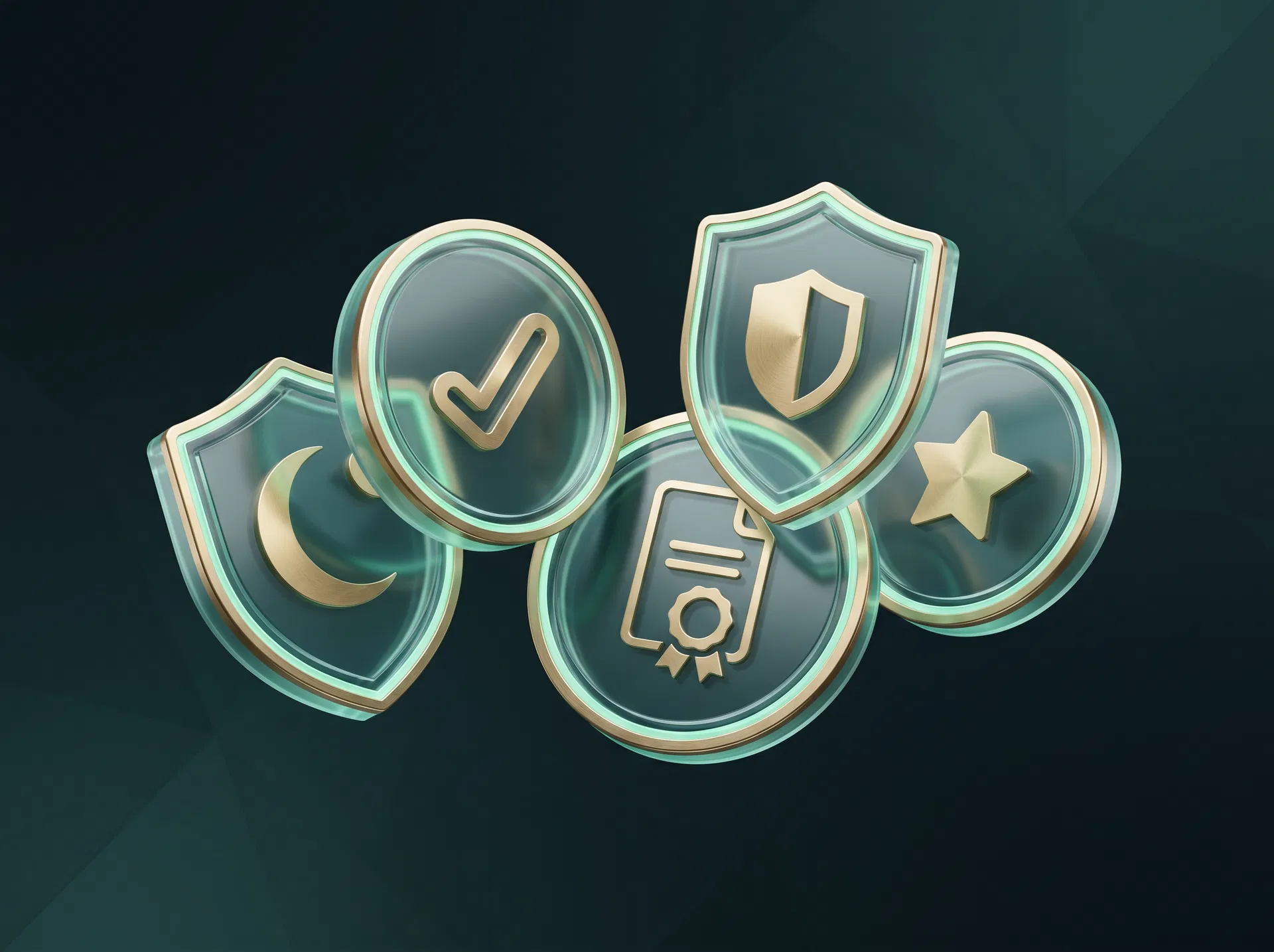 Abstract premium certification tokens representing Halal, GMP, HACCP, ISO, and food safety themes